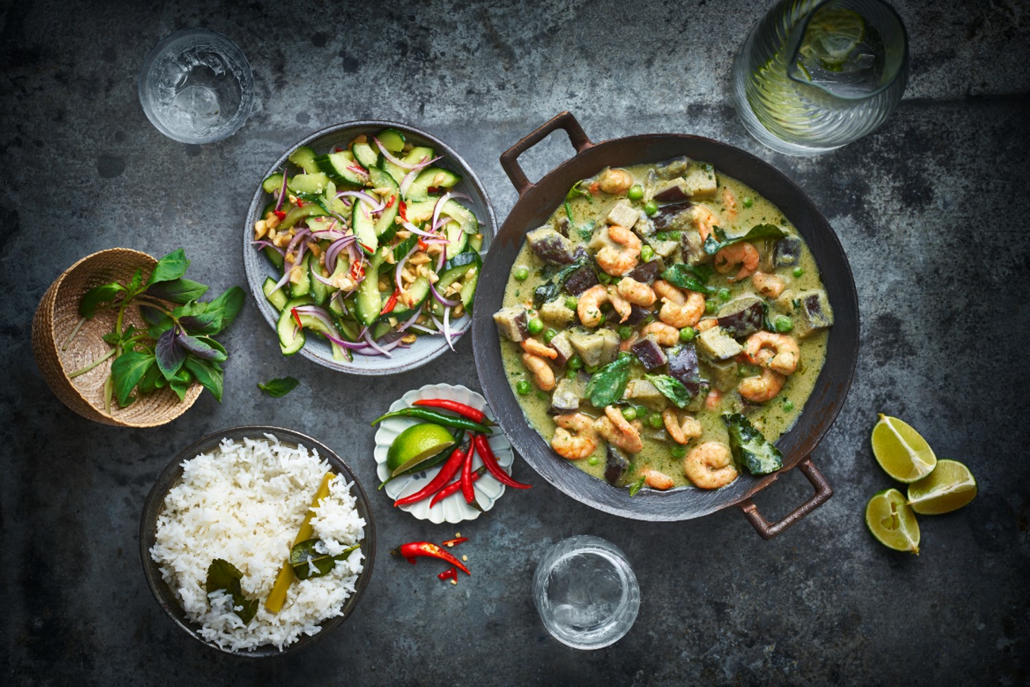 Green Thai curry, coconut rice and cucumber salad