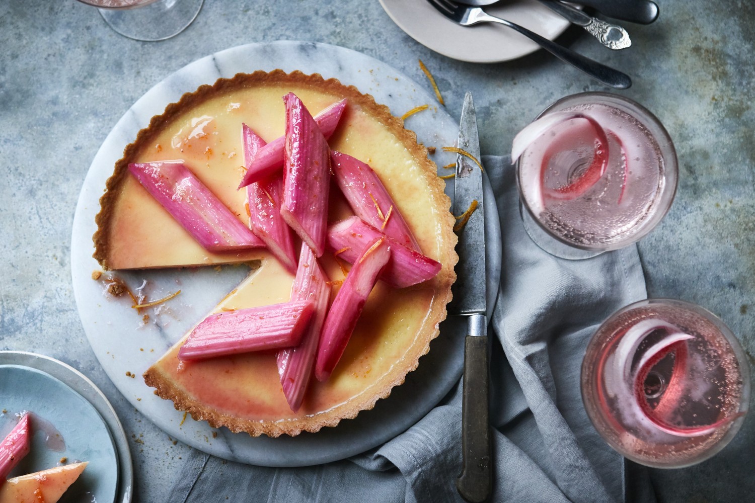 Poached rhubarb and custard tart