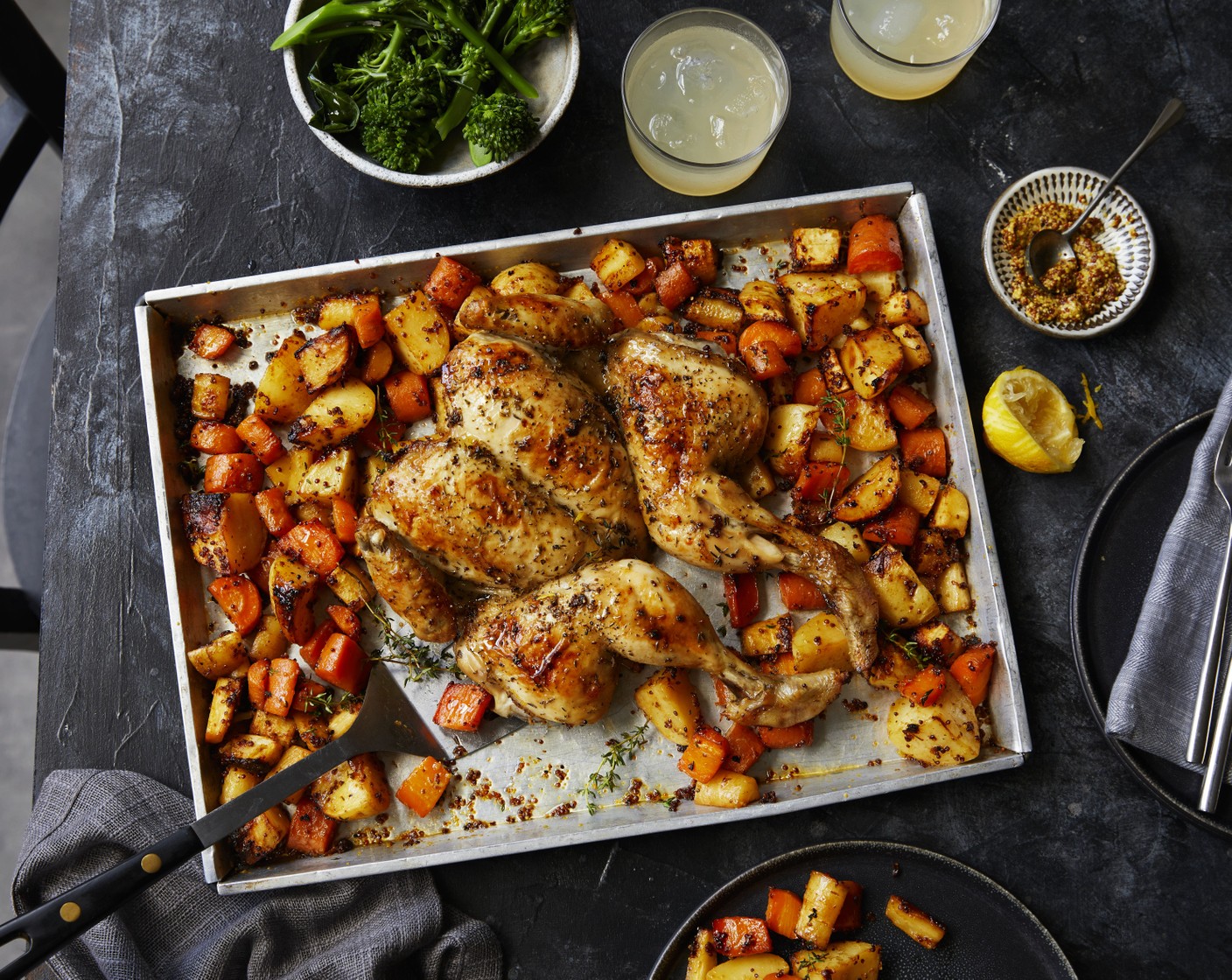 step 6 Remove the chicken and veg from the oven and serve with the M&S chicken gravy (1 tub) and kale (125 g), if you like.