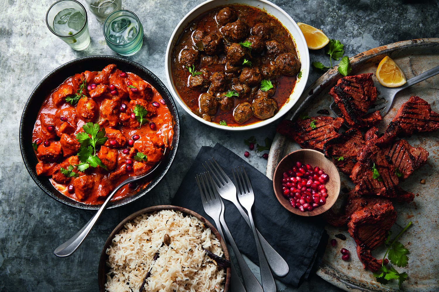 Bridal thali butter chicken tandoori lamb chops and south Indian coconut meatballs