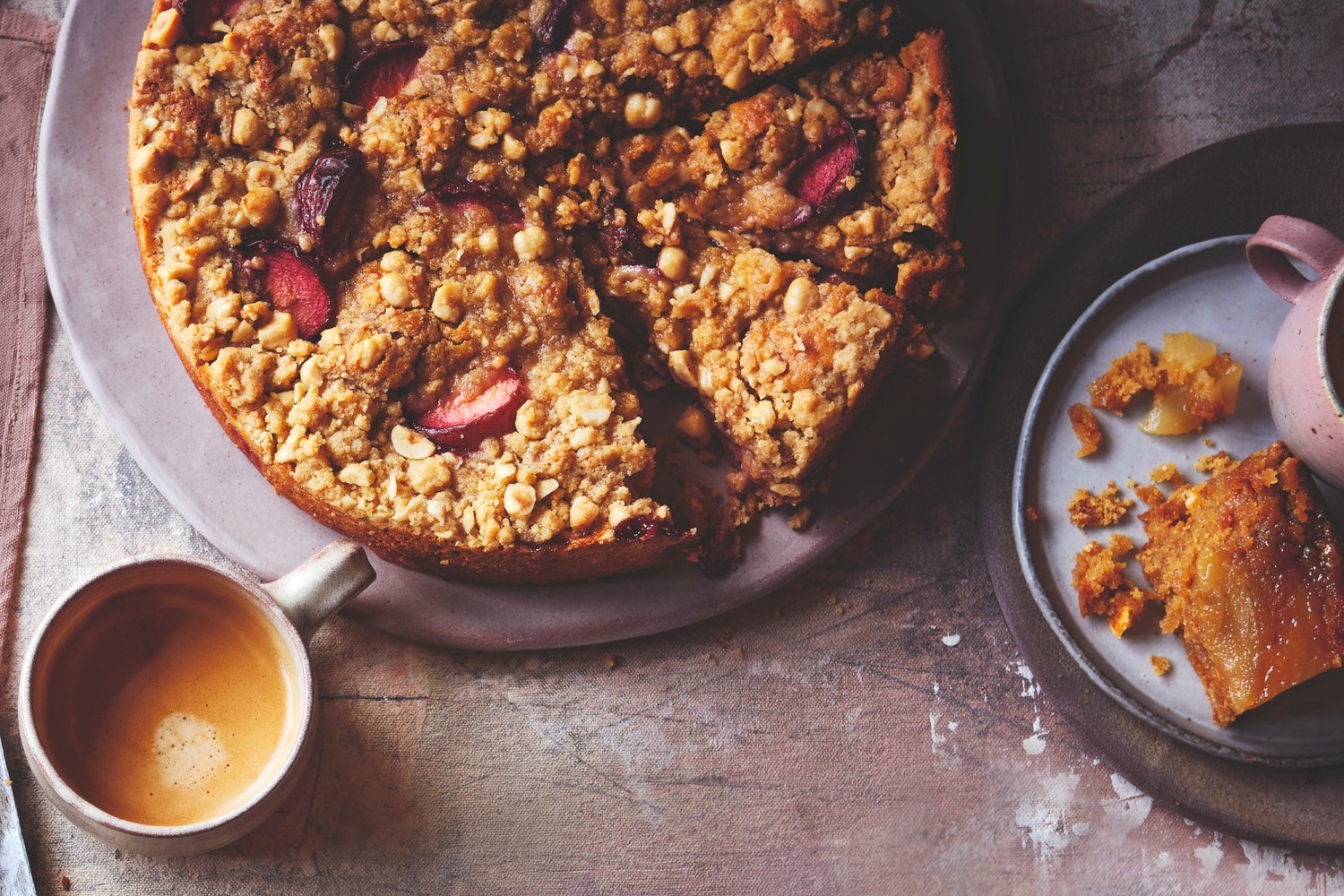 Plum, hazelnut and cardamom crumble cake