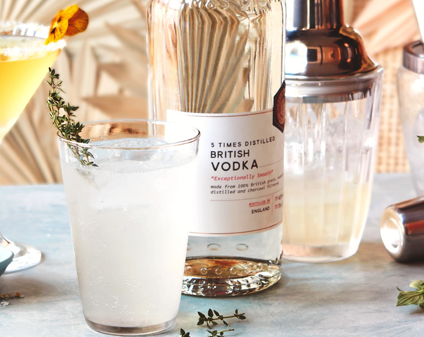 step 2 Strain into a tall glass and add a handful of fresh ice cubes. Top up with sparkling water (100 ml), then stir and garnish with the remaining M&S fresh thyme (1 sprig) to serve.