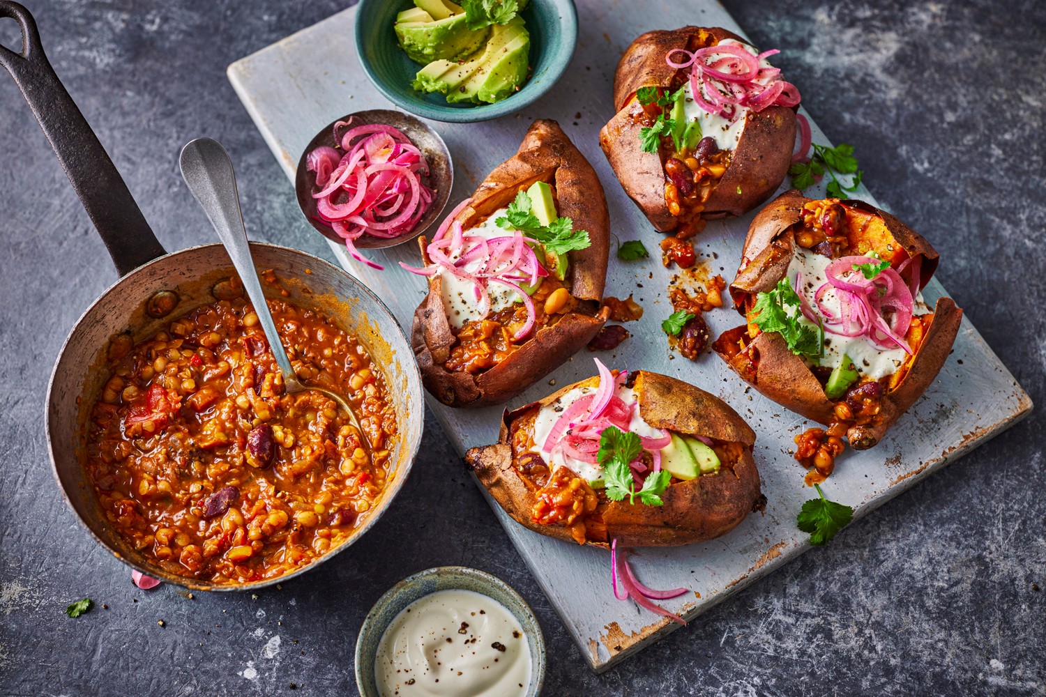 The best veggie chilli with baked sweet potato jackets