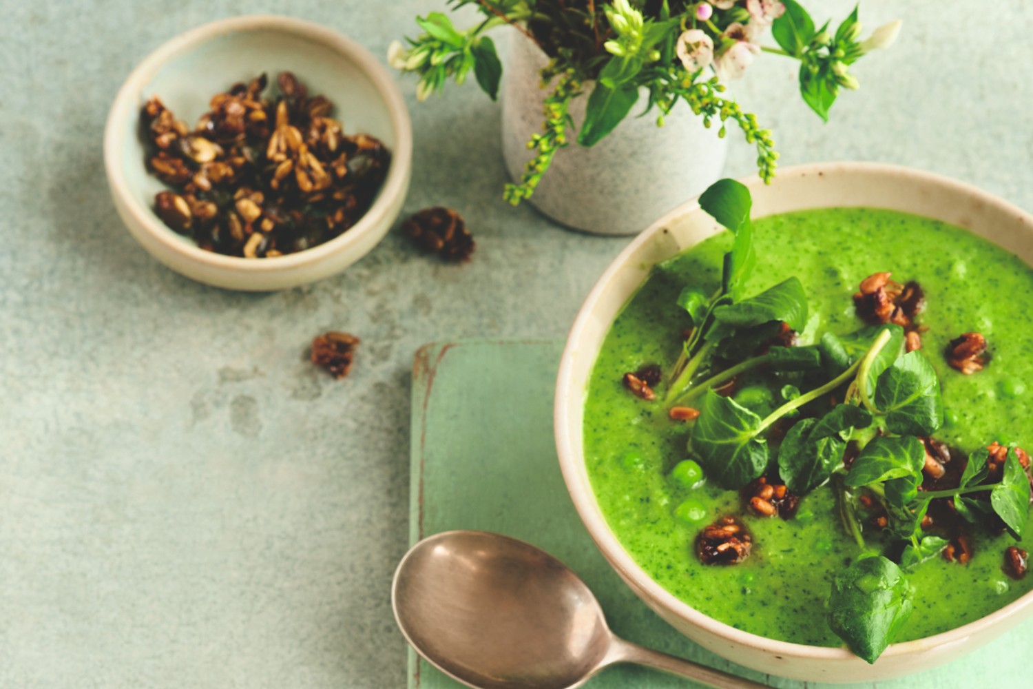 Watercress, pea and leek soup with honey-spiced seeds