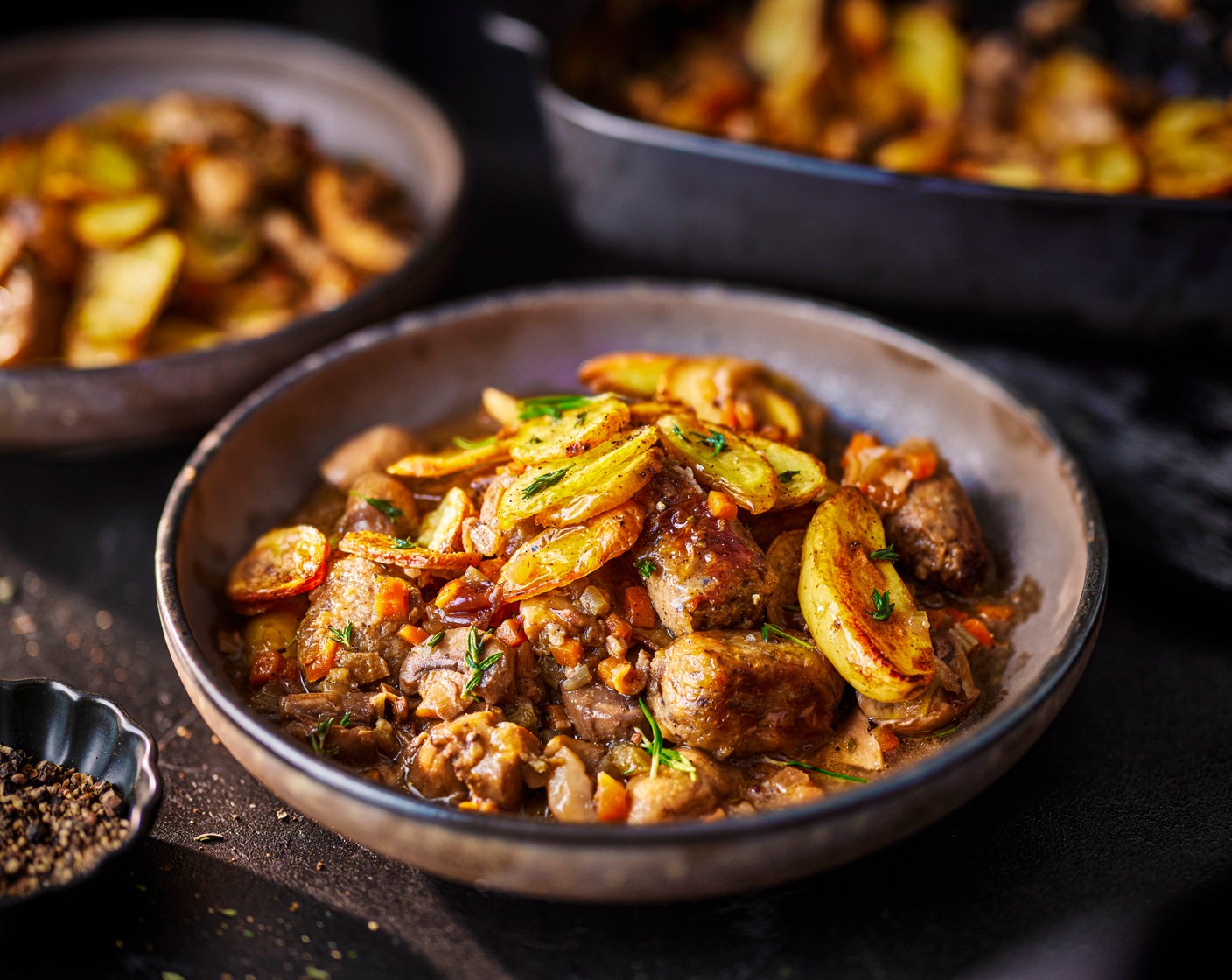 step 9 Arrange the potatoes in a fan shape on top of the mushroom stew and brush with olive oil. Bake for 30-35 minutes, until the potatoes are golden. If it’s browning too quickly, cover with foil.