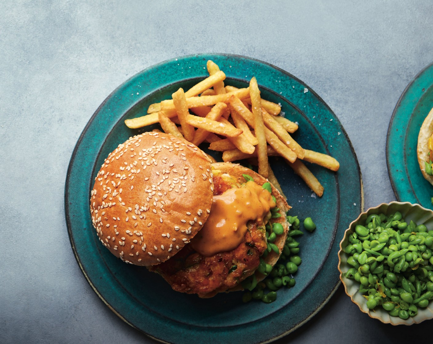 Fritter burgers with pea smash and vegan burger sauce Recipe | M&S