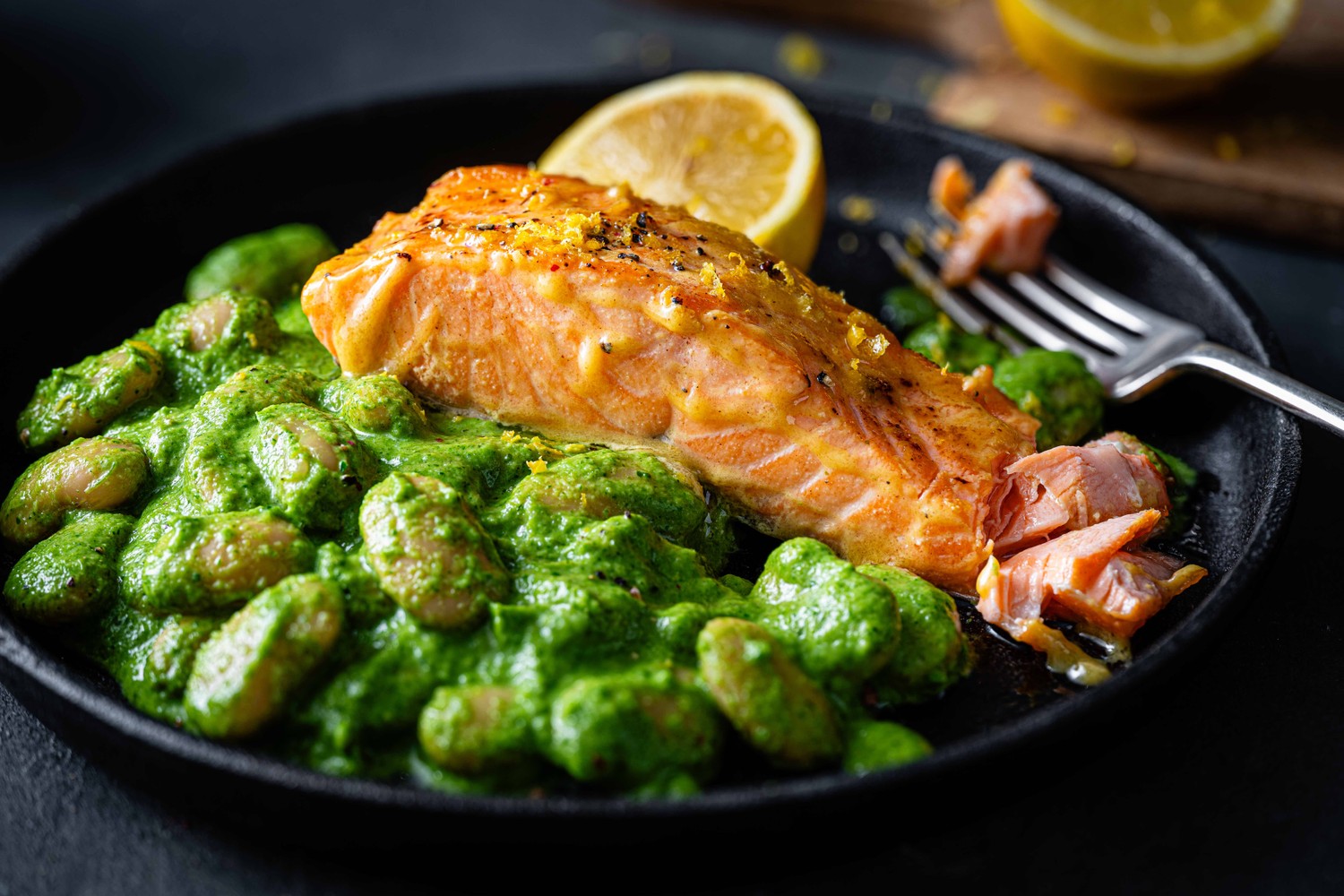 High protein salmon and green goddess butter beans