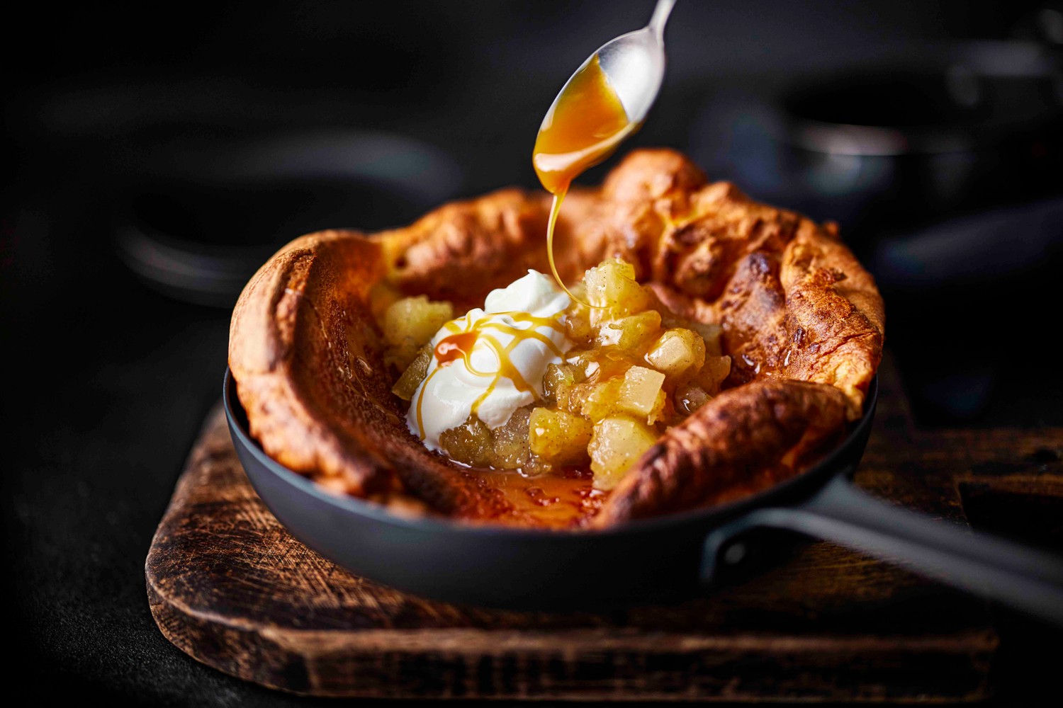 Dutch baby pancake with toffee apple and pears