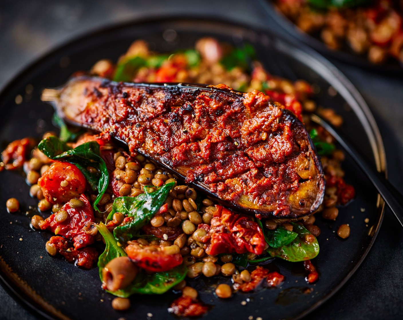 step 4 Serve the aubergines with the warm lentil salad.