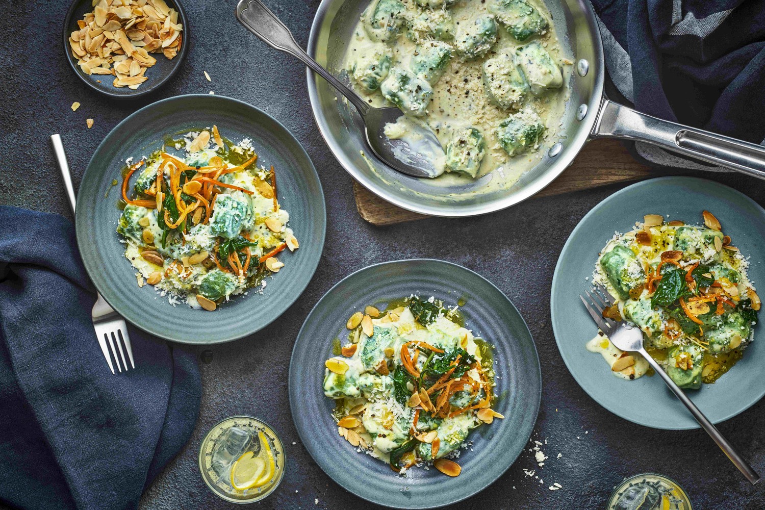 Potato and spinach gnocchi with gorgonzola béchamel sauce and wilted spinach