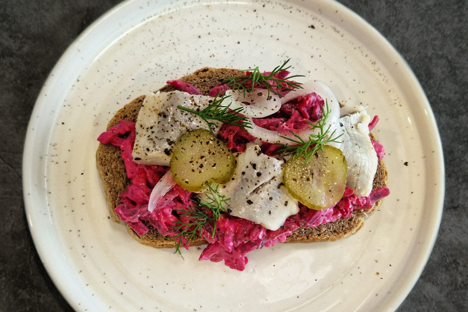 Beetroot and pickled herring open-faced sandwich recipe