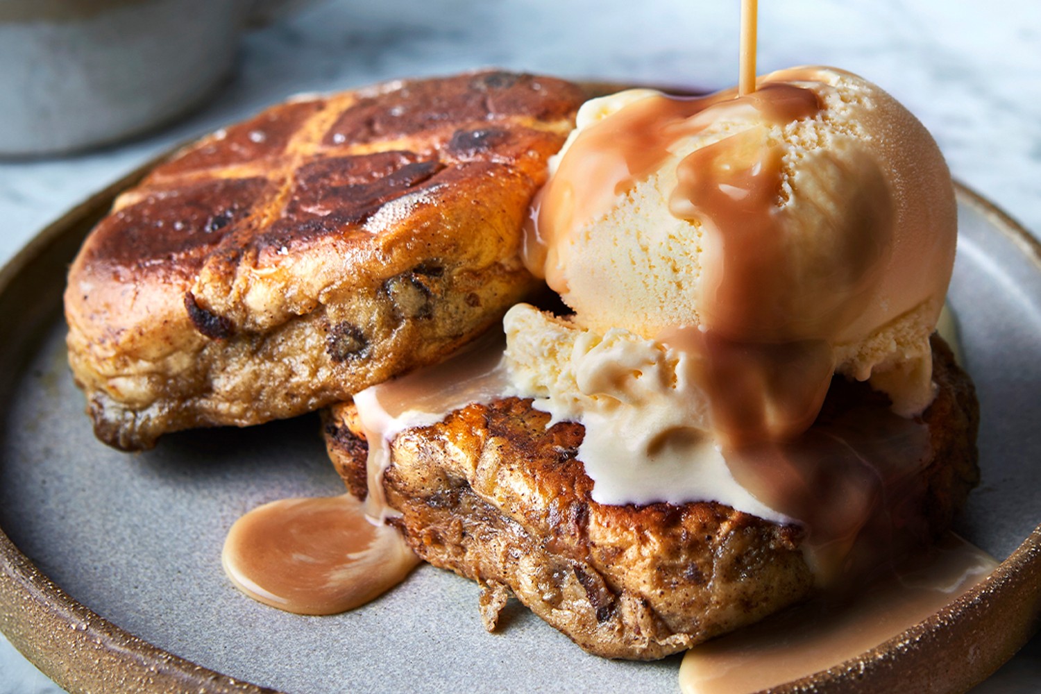 Hot cross bun French toast with salted caramel sauce