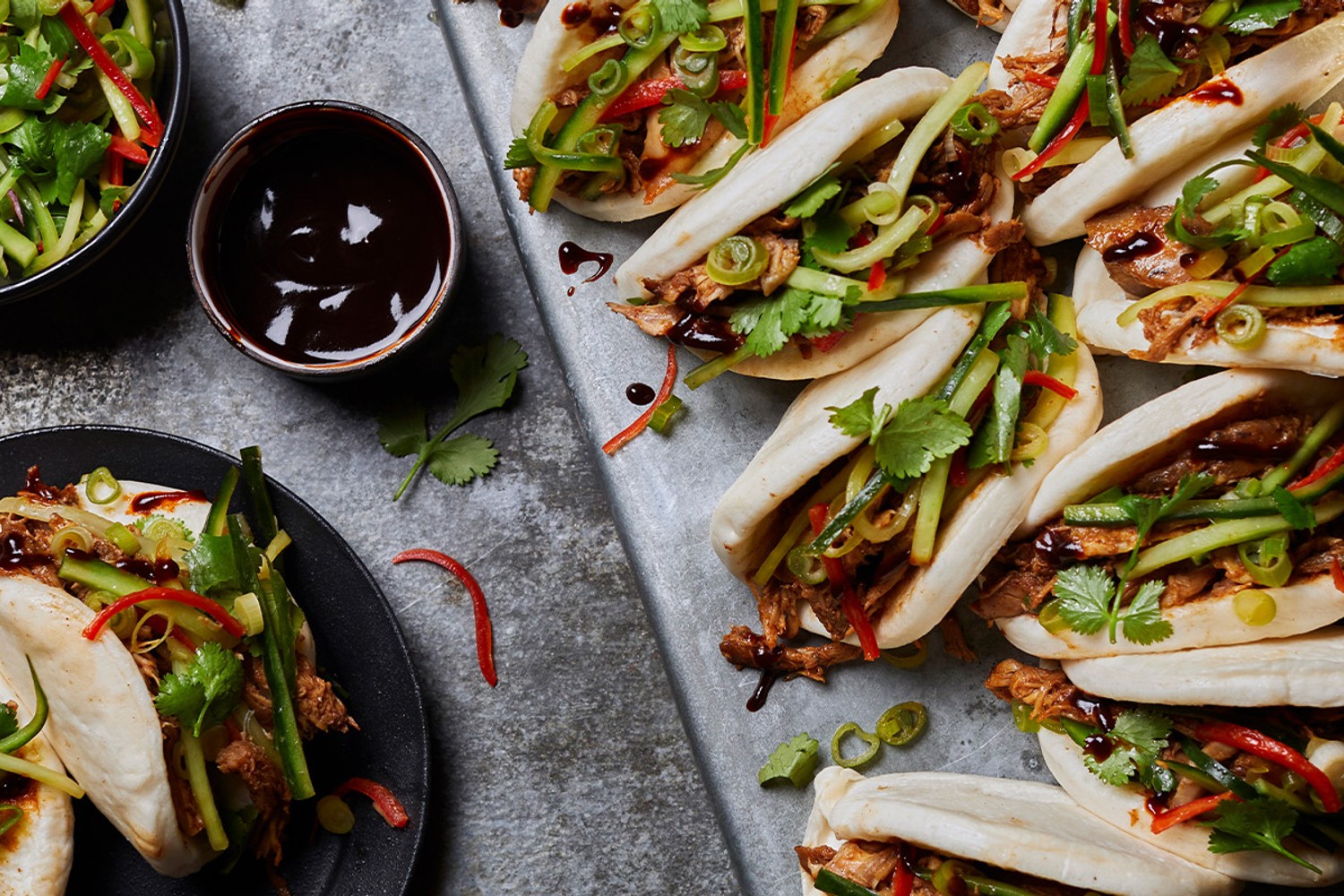 Sticky shredded turkey bao buns