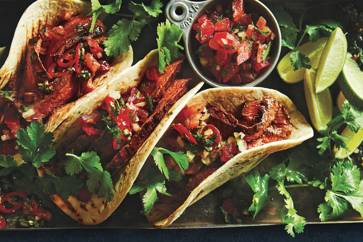 Ancho chilli steak tacos with chimichurri