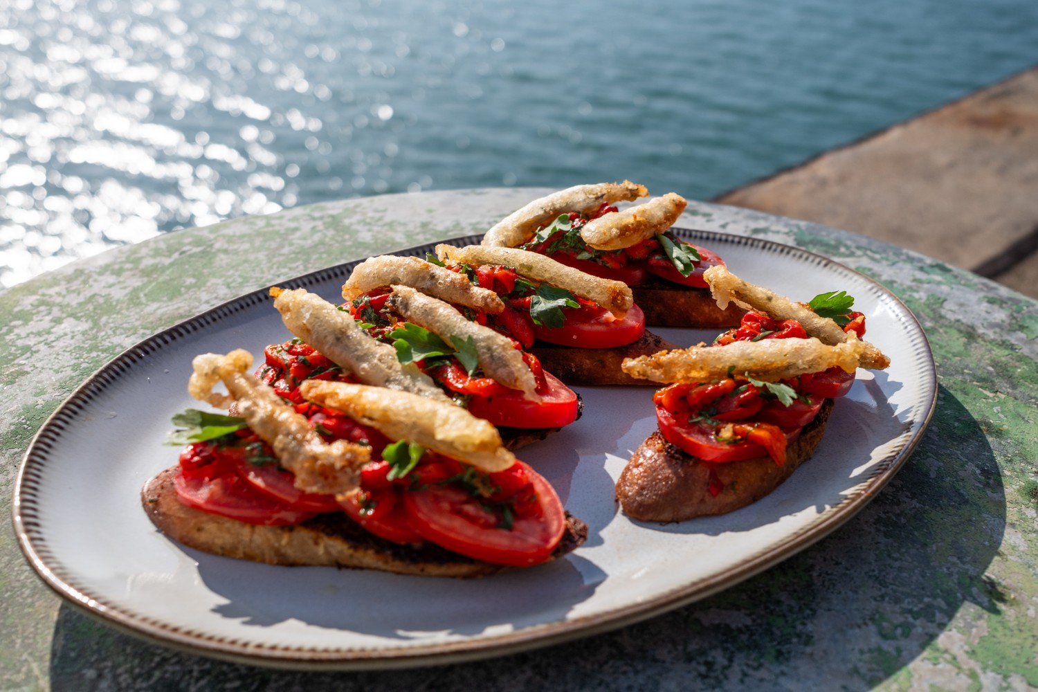 Anchovy, roast pepper and tomato toasts with tempura recipe