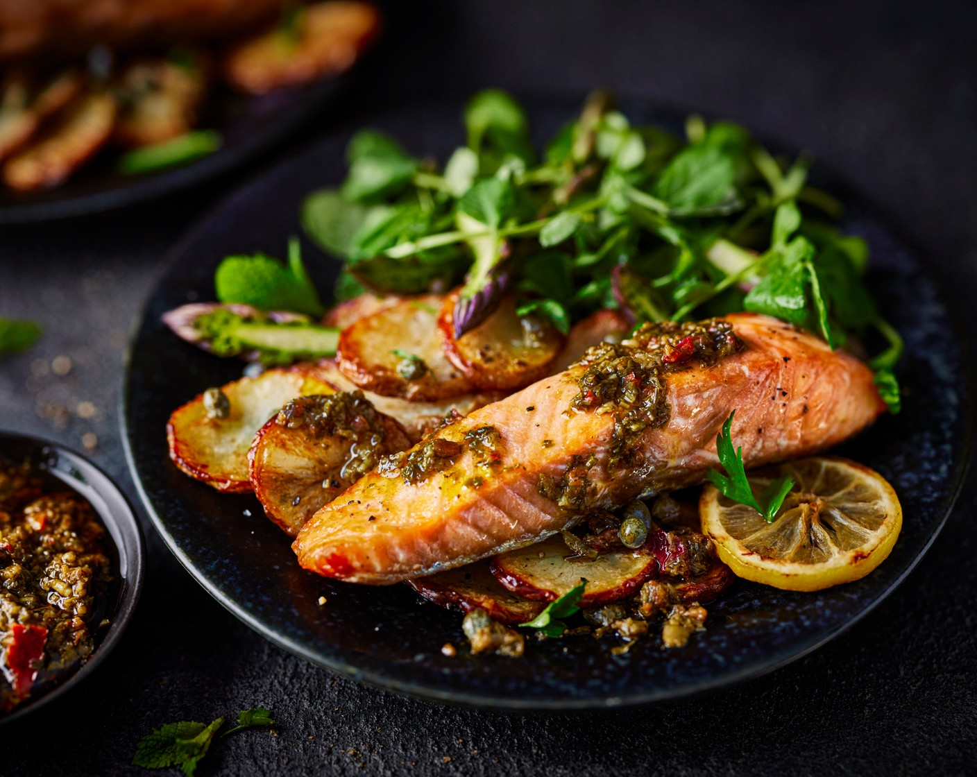 step 5 Serve the salmon with the new potatoes, asparagus and herb salad and a drizzle of chimichurri (4 tbsp).