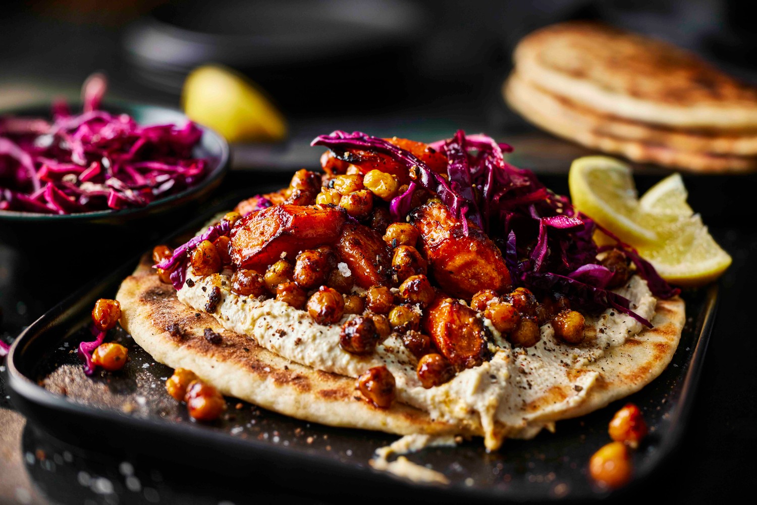 Shawarma-spiced roasted carrots with houmous flatbreads