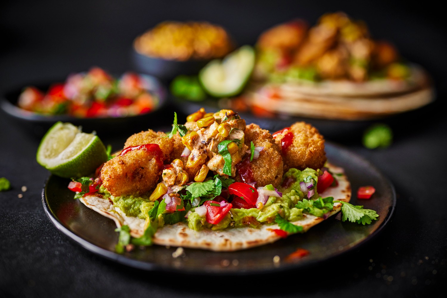 Fish tostadas with crispy cod, pico de gallo and avocado