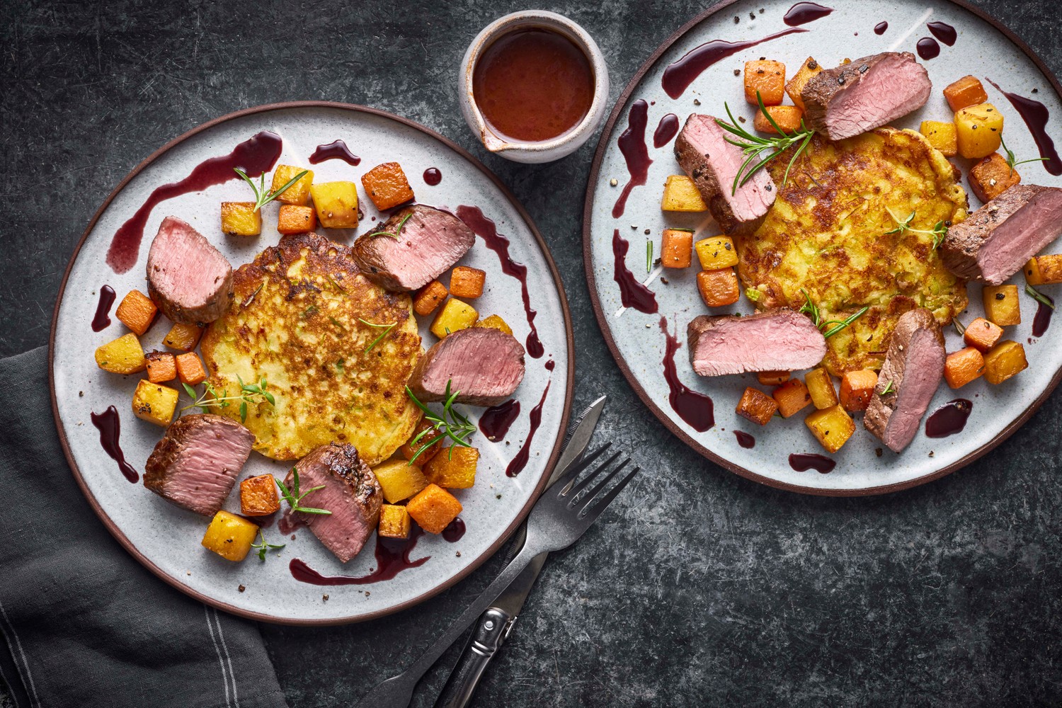 Lamb loin with cheesy leek Welsh cakes