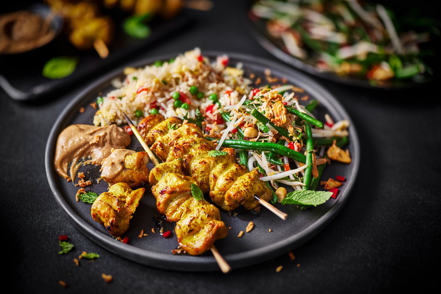Chicken satay skewers with peanut sauce and egg fried rice recipe