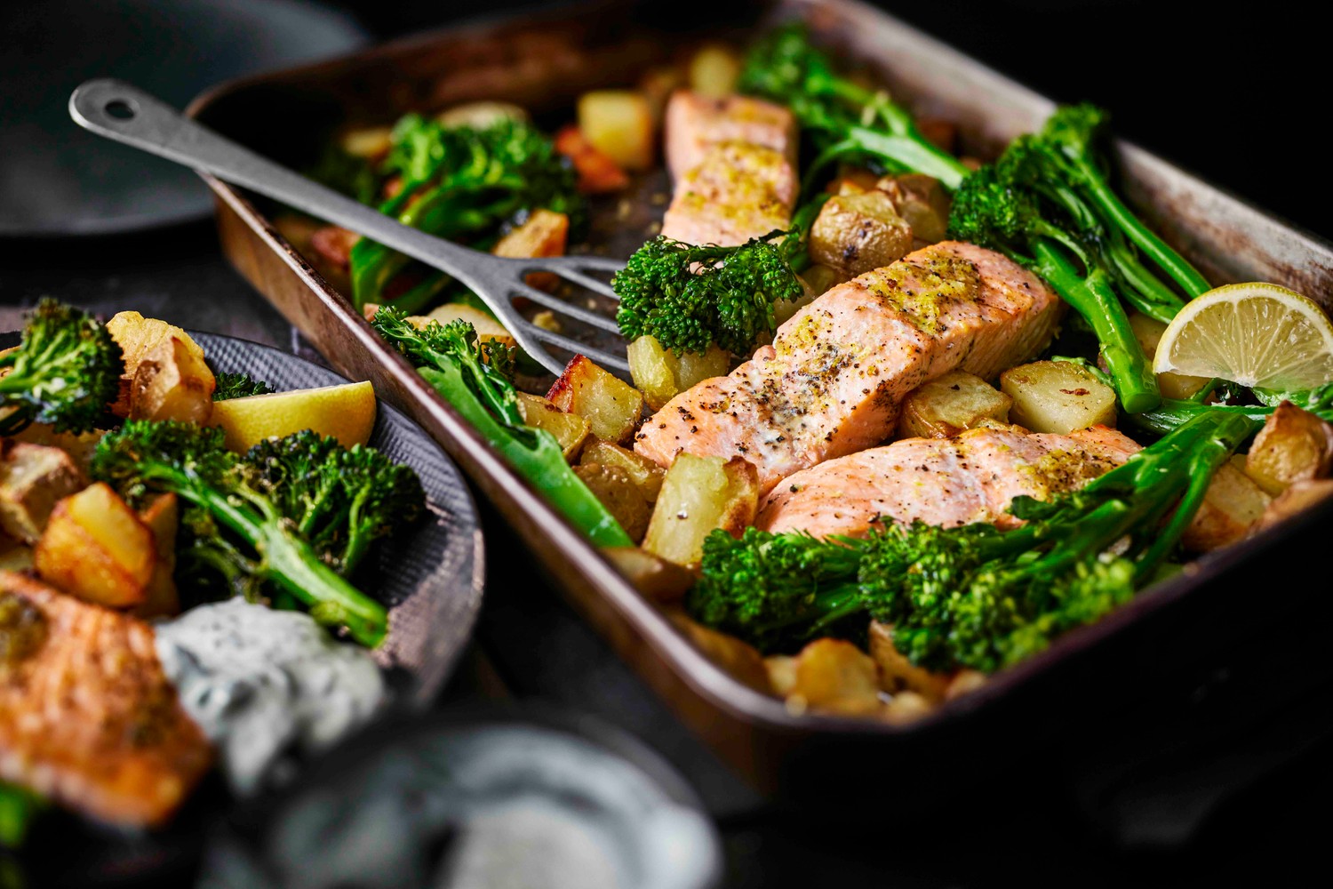 High protein lemony salmon and potato traybake recipe