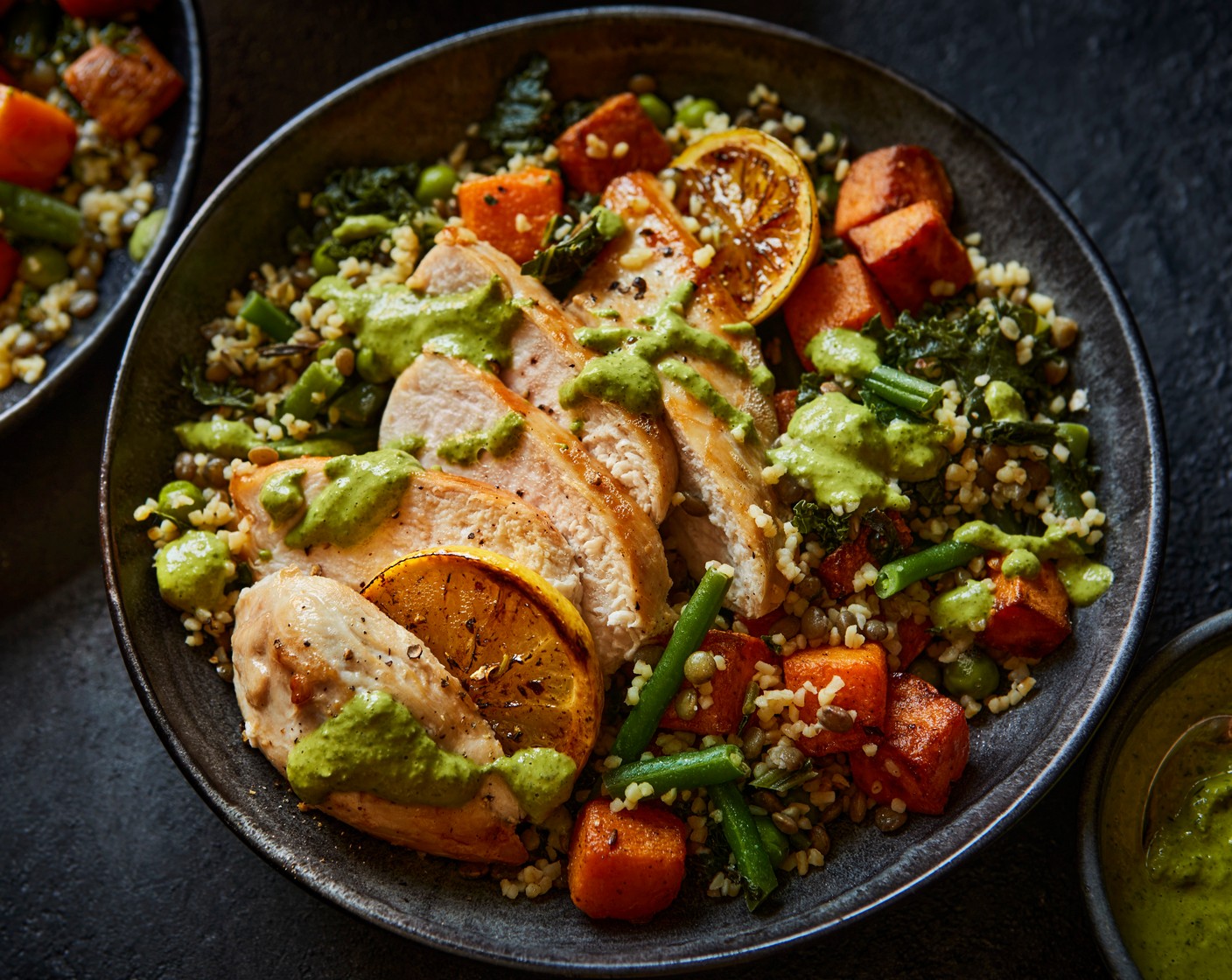 step 5 Serve the chicken with the grains, roasted sweet potato and butternut, and the green tahini sauce drizzled on top.