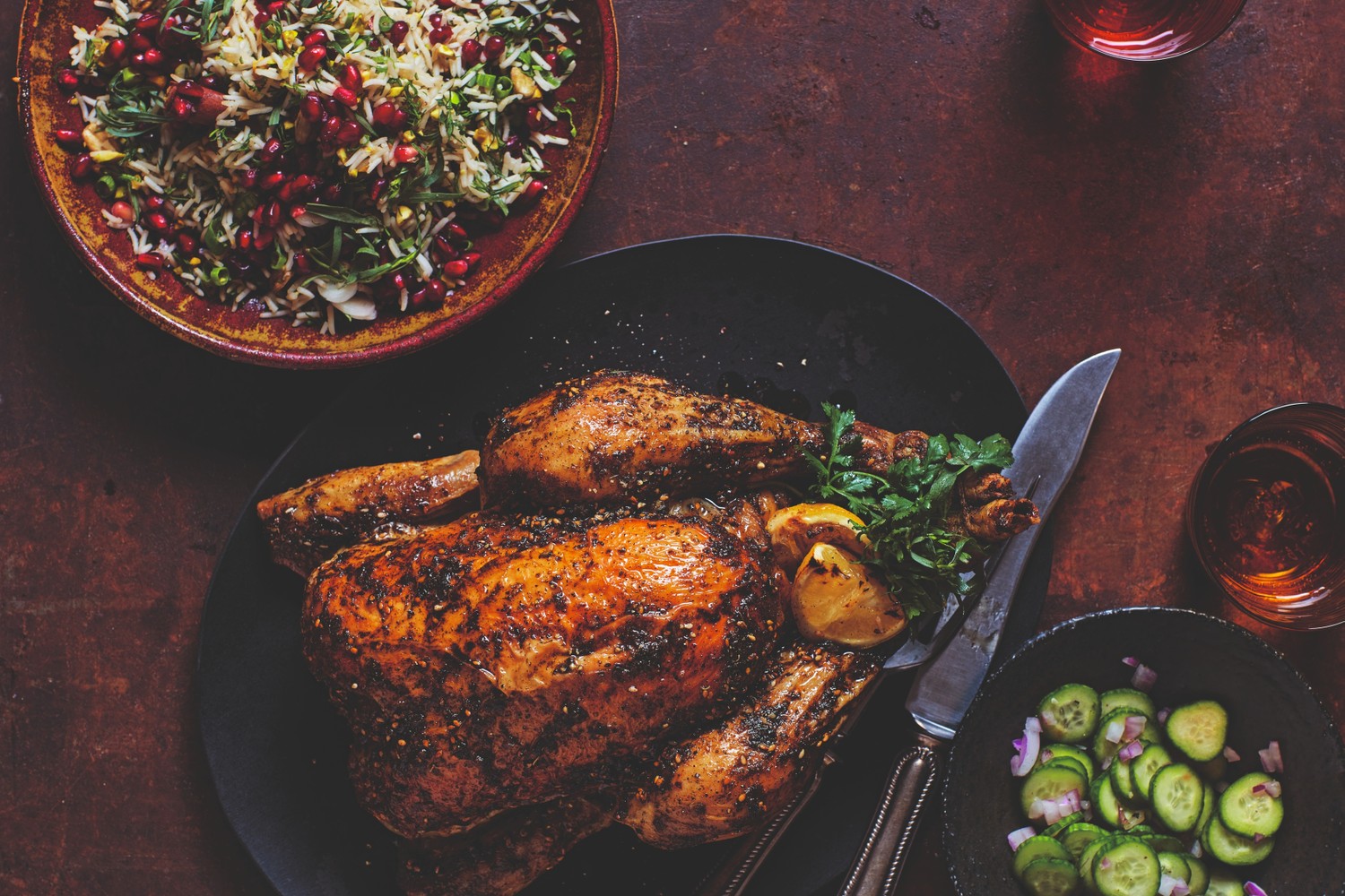 Za’atar roast chicken with pistachio and herb pilaf