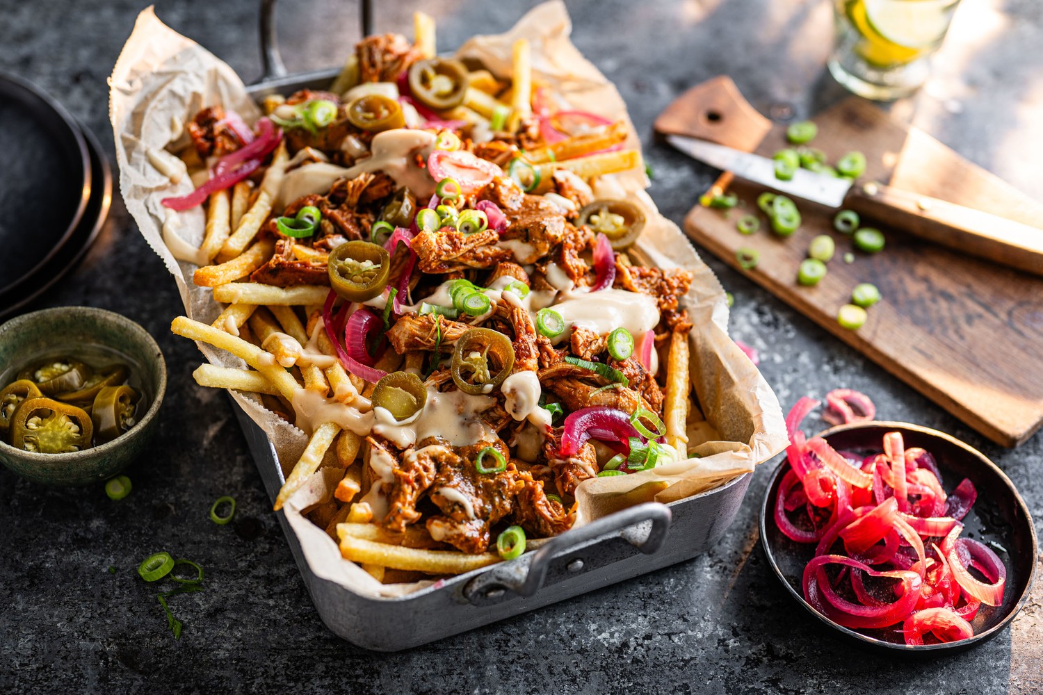 Hot honey pulled chicken loaded fries