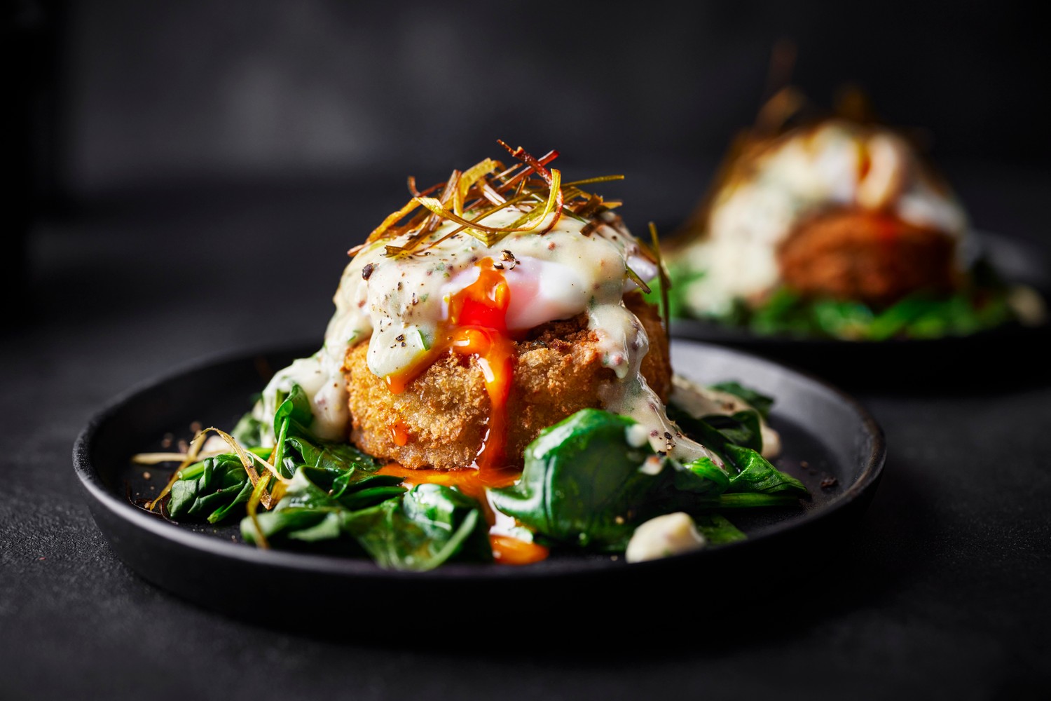 Cheesy potato cakes, poached eggs with mustard and parsley sauce recipe