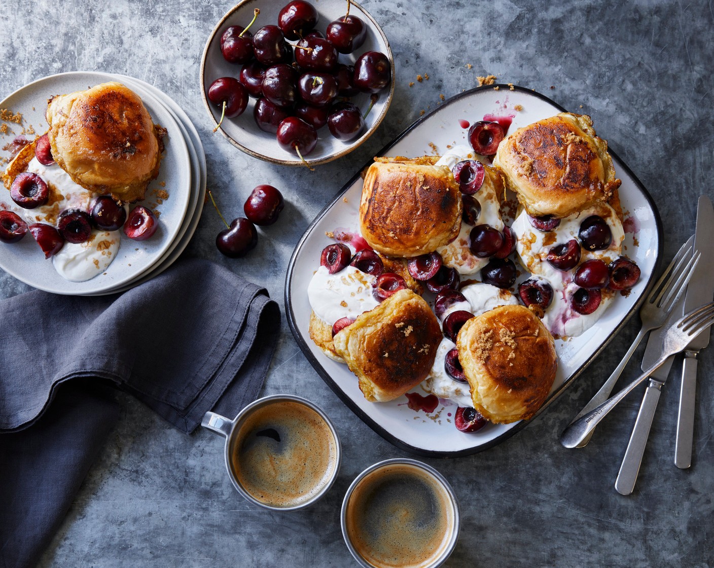 step 5 To serve, place a piece of the French toast onto each plate, then add the crème fraîche (200 ml) and cherries on top before sprinkling with a little more sugar (60 g) if desired and finishing with a roll lid.