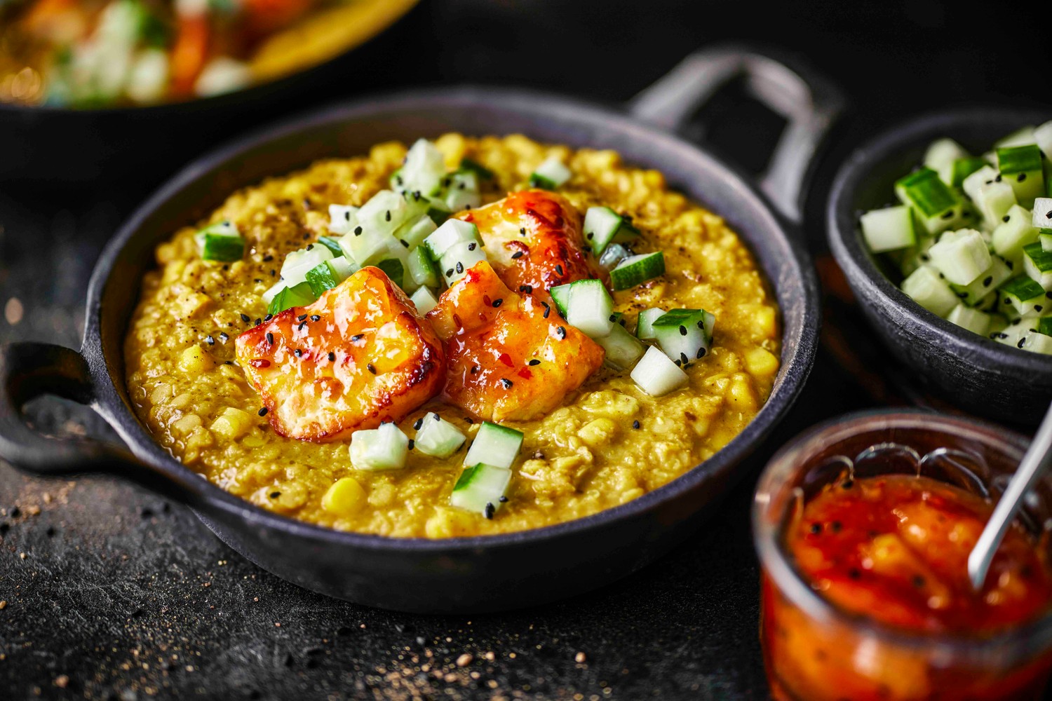 Creamy sweetcorn dal recipe with mango halloumi