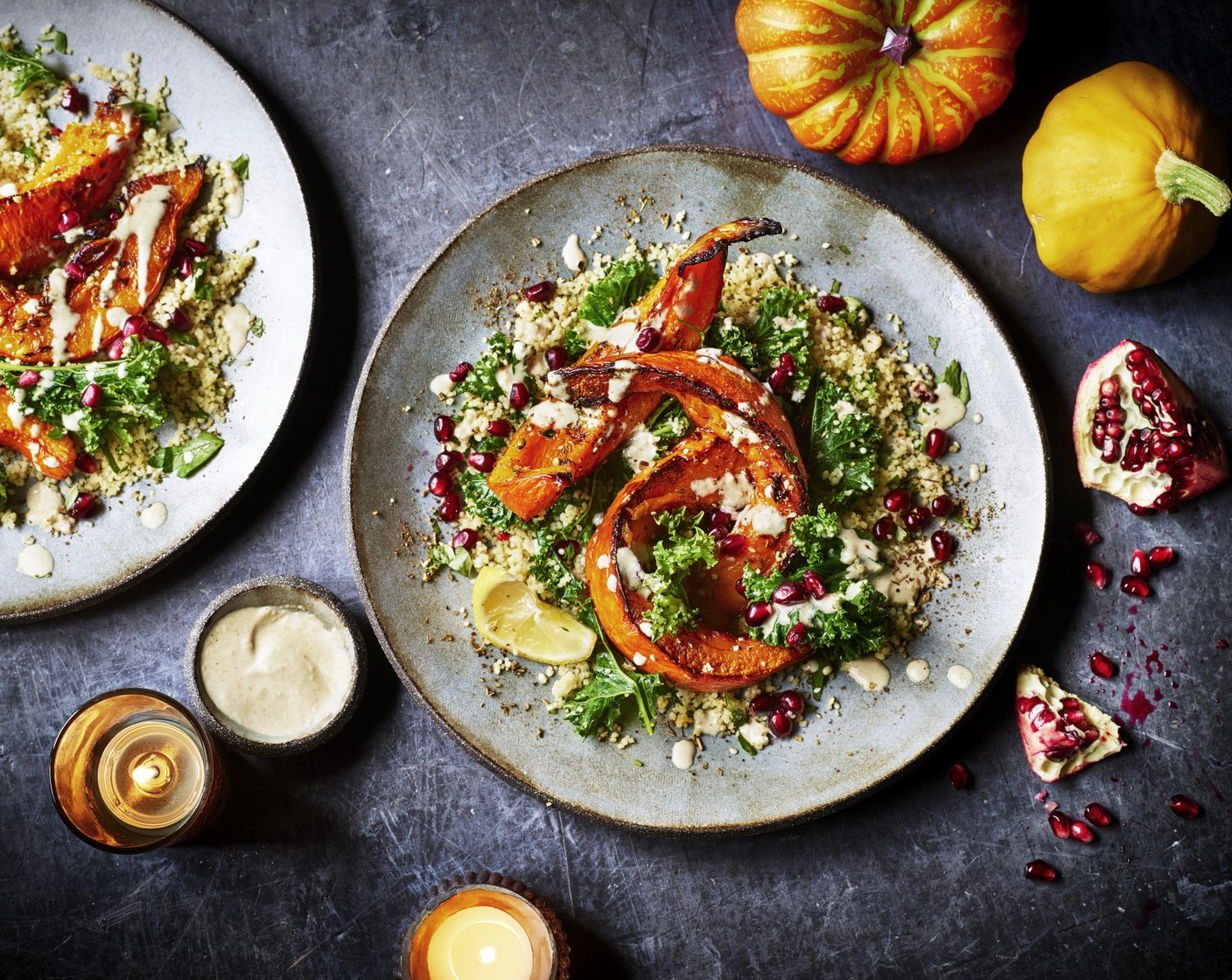 step 7 Top the grains with the pumpkin, drizzle over the dressing and top with pomegranate seeds (4 tbsp) and za'atar (to taste).