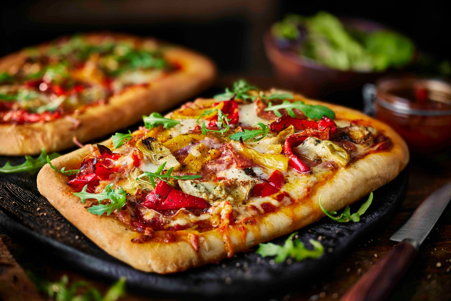 Tom’s salami, pepper and artichoke pizza