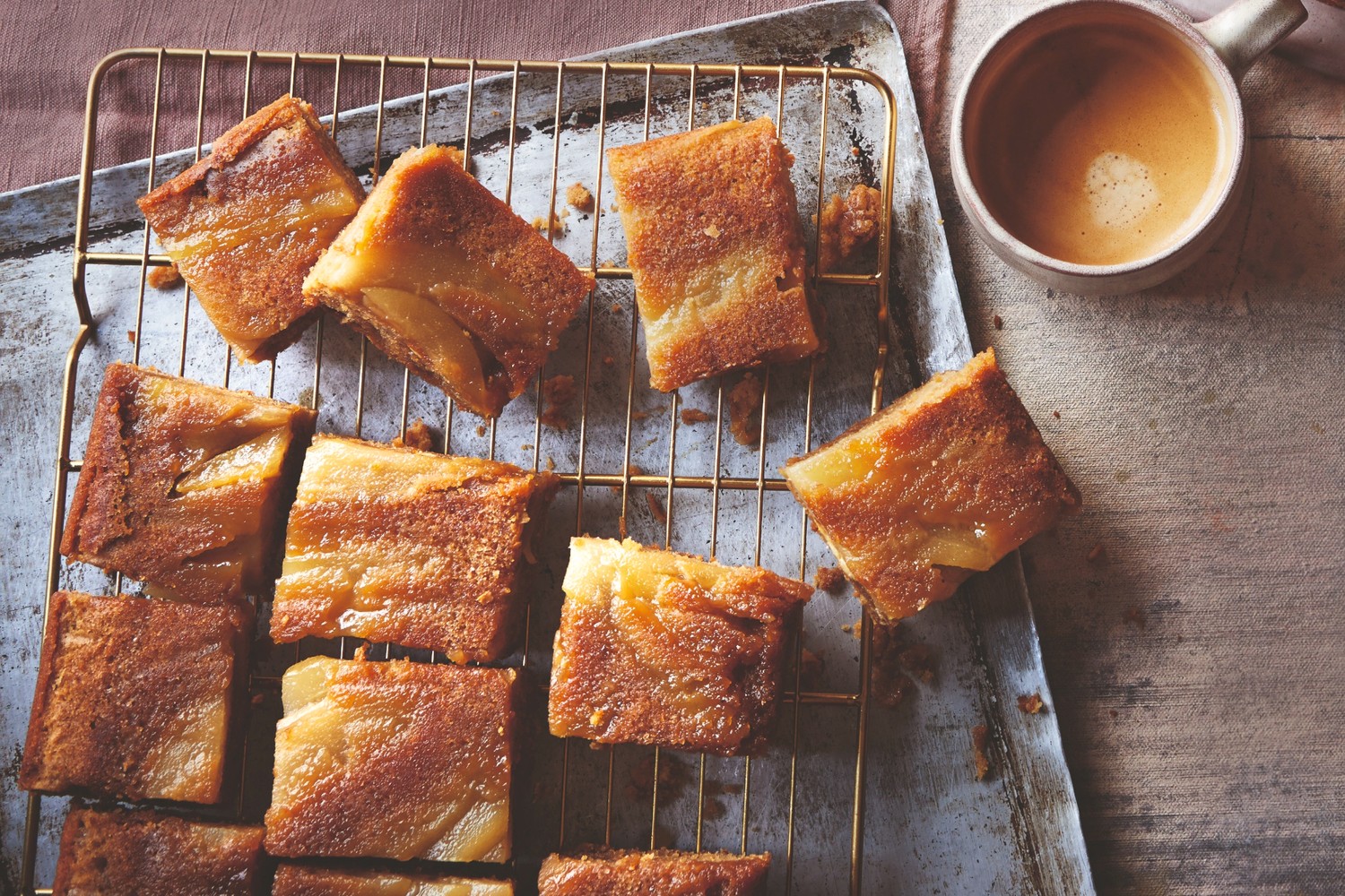 Upside-down pear and blond chocolate blondies
