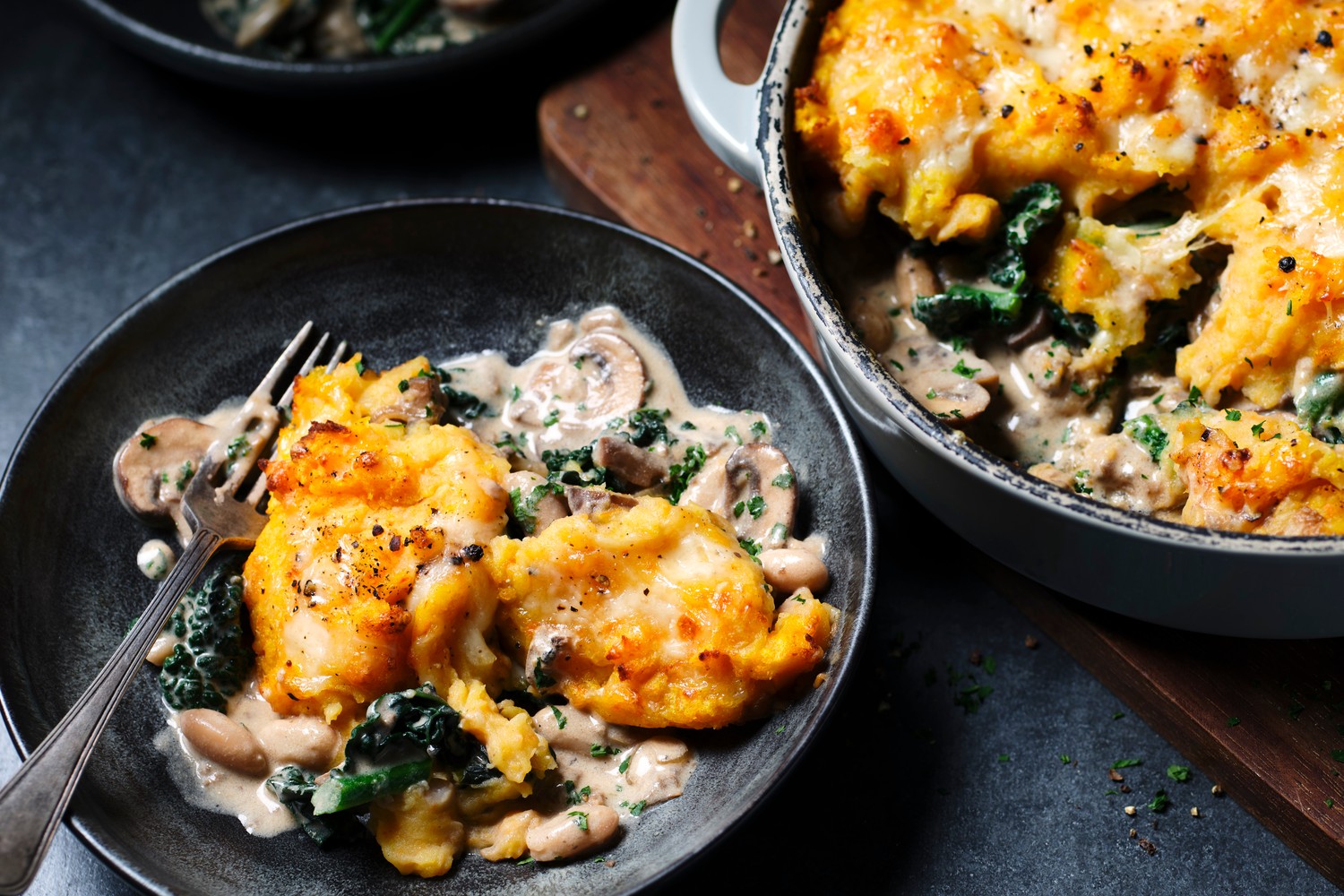 Mushroom, cavolo nero and gruyere pie with swede mash