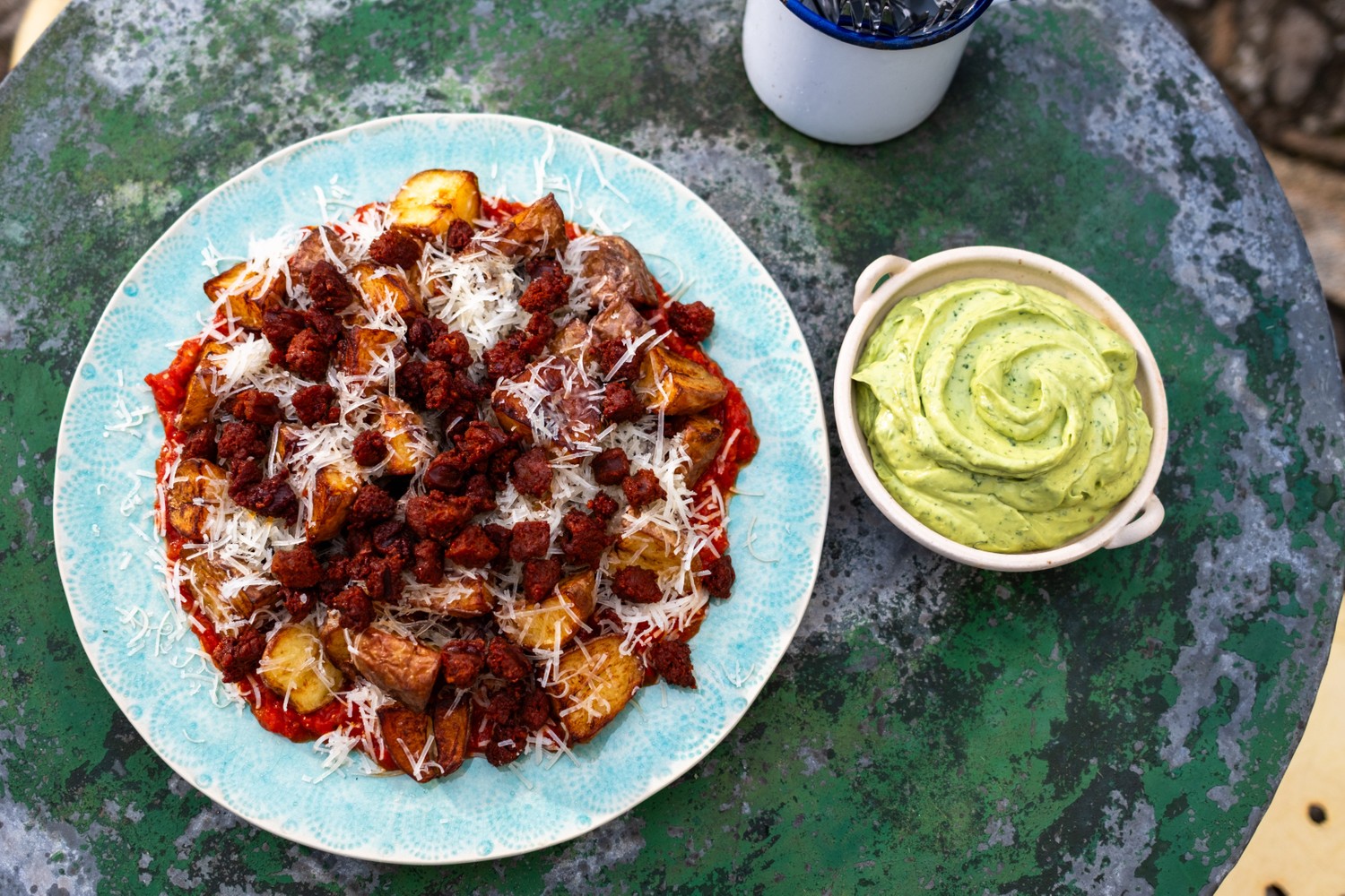 Crispy potatoes with chorizo and avocado crema recipe