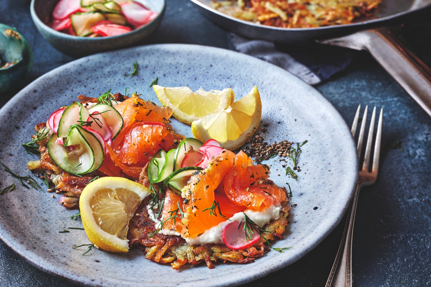 Smoked salmon latkes with horseradish clotted cream and quick pickles