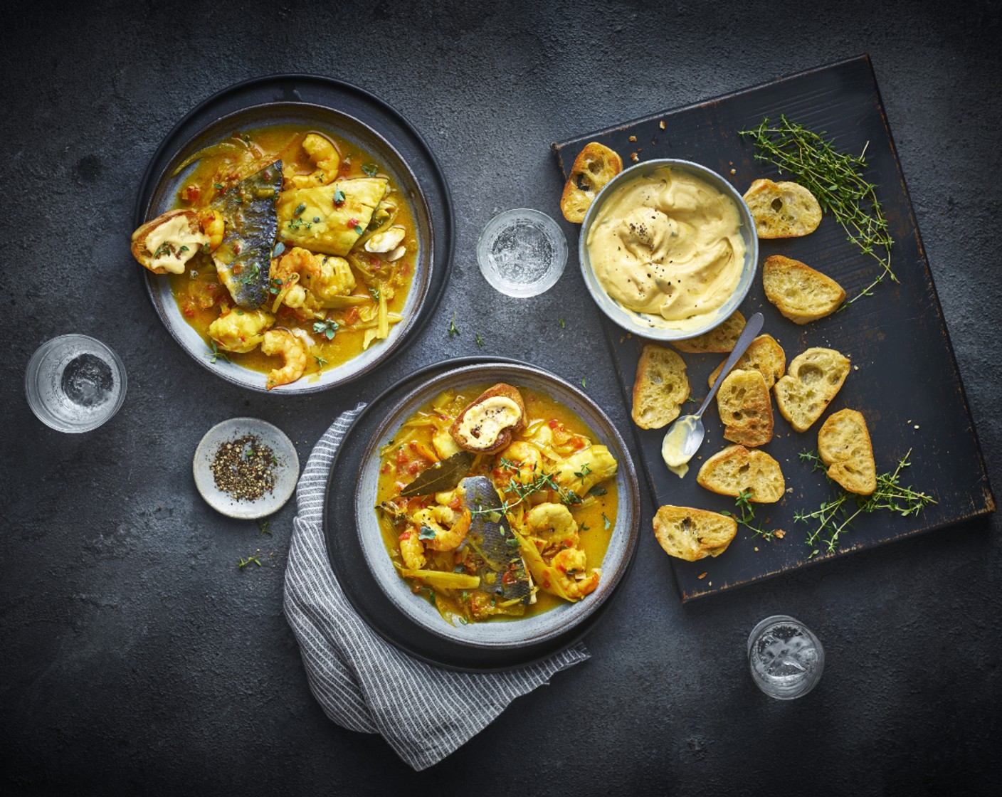 step 5 Divide the bouillabaisse between 4 bowls. Top each with some of the croutons and a spoonful of rouille.