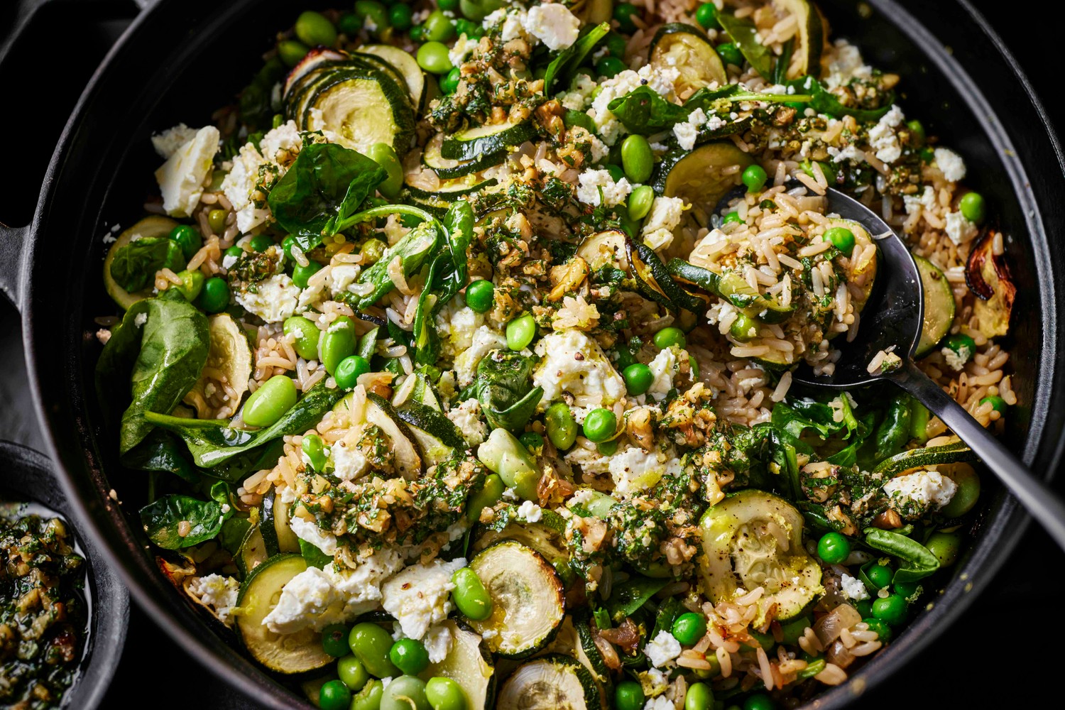 Courgette, pea and feta baked rice recipe