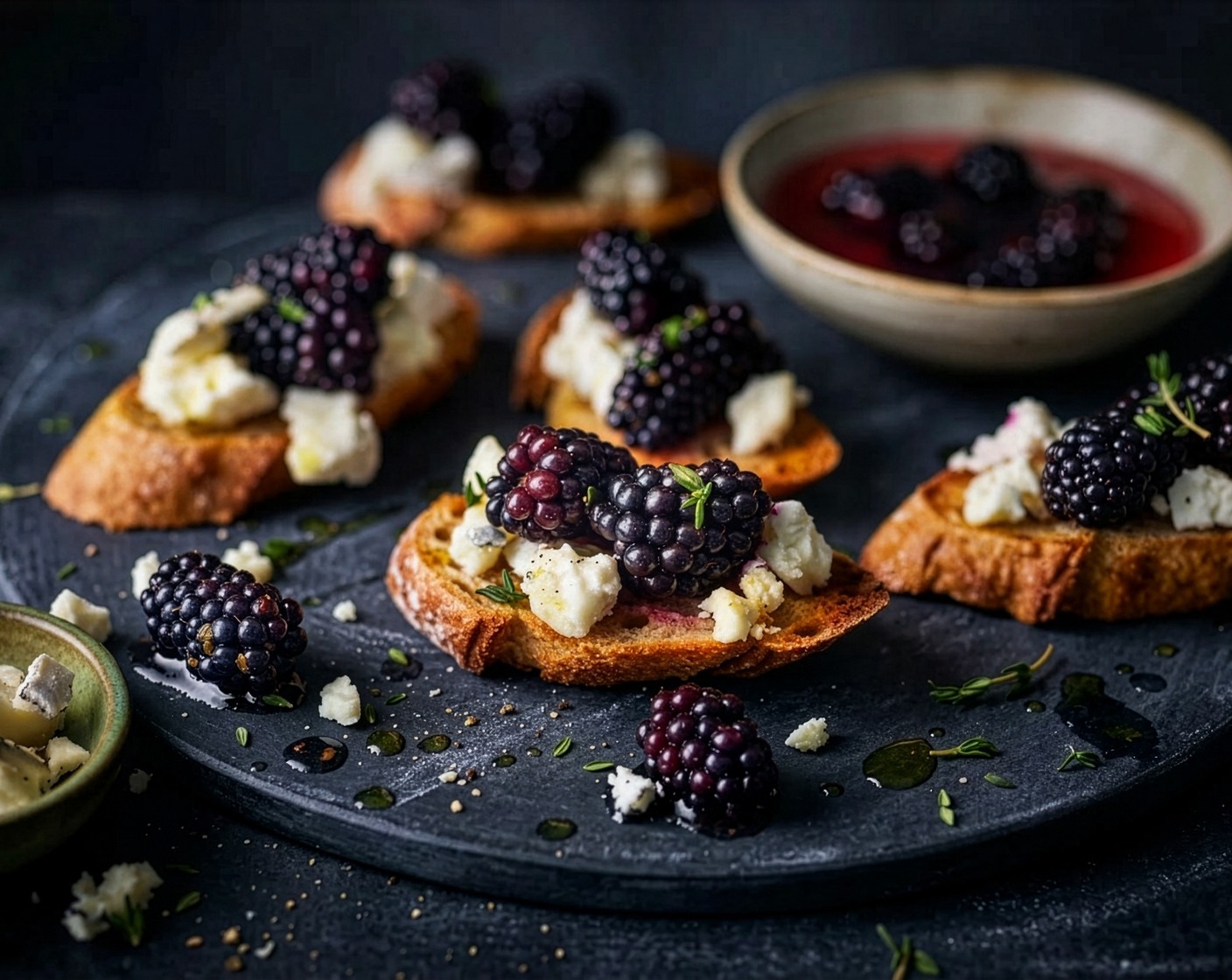 step 4 Crumble the goat's cheese (75 g) over the crostini and top with the blackberries, thyme (2 sprigs) leaves, some cracked black pepper and a drizzle of olive oil.