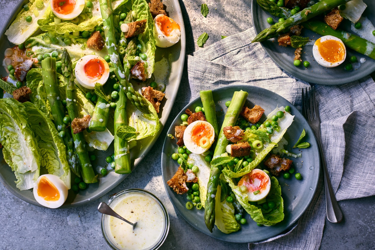 Warm spring salad with garlicky croutons and jammy boiled eggs