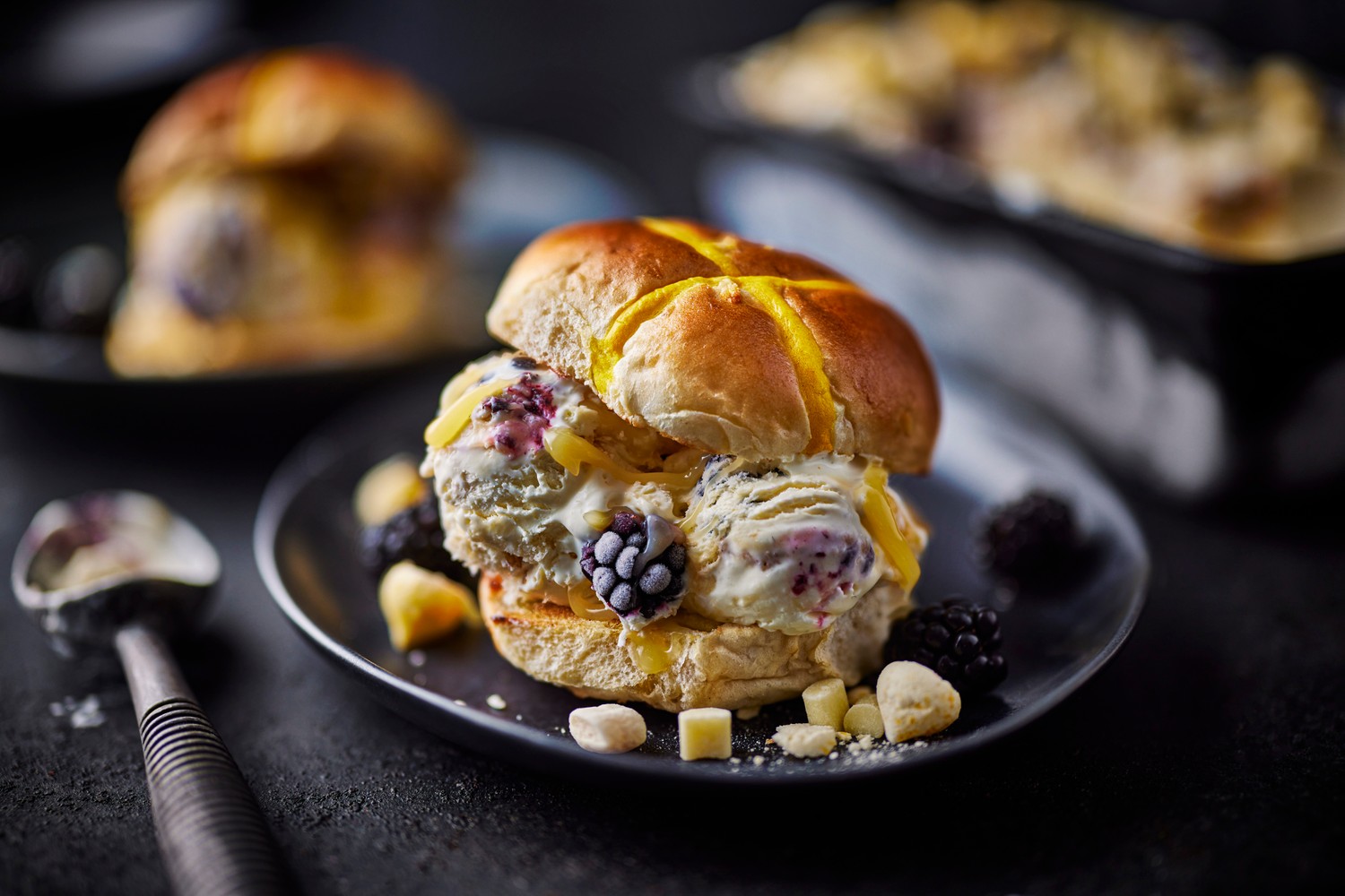 Lemon hot cross bun and blackberry ice cream