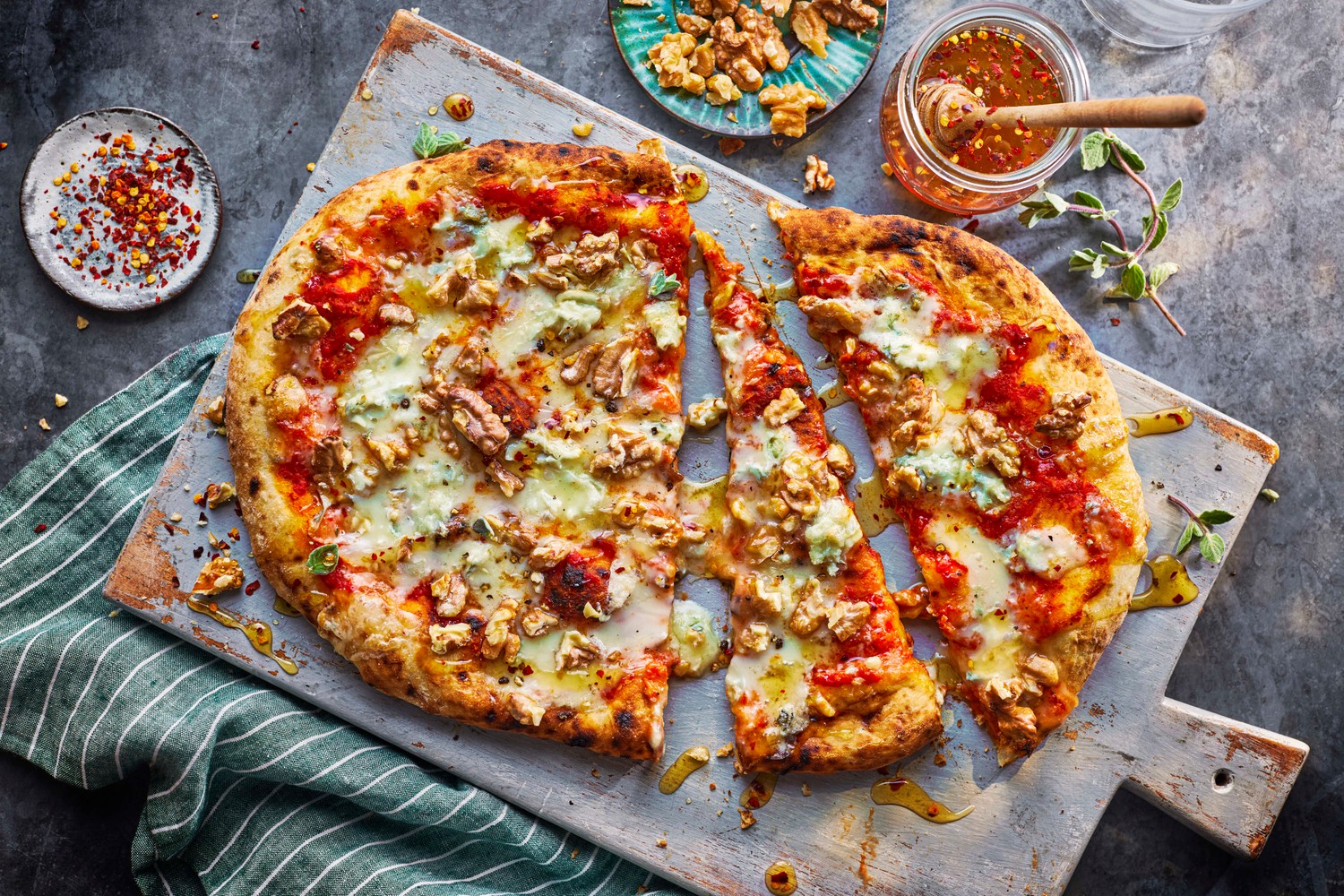 Hot honey, gorgonzola and walnut pizza