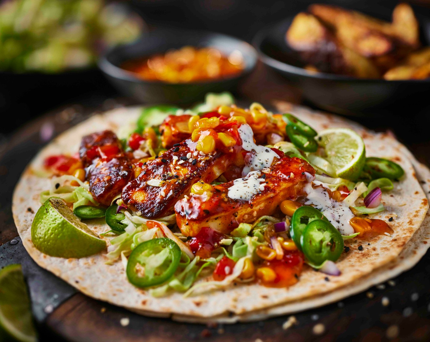 step 4 Load the slaw into the wraps (4). Top with the buffalo halloumi and the sesame seed topper from the kit. Finish with a drizzle of ranch dressing (as needed) and a dollop of sweetcorn relish (as needed).