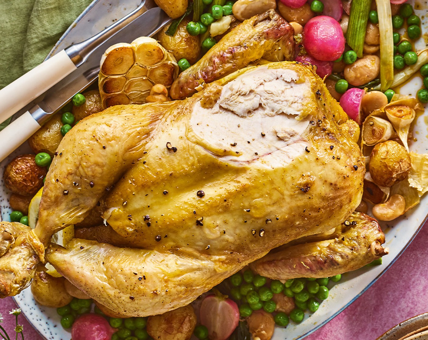 step 4 Carve the chicken, discarding the skin, and serve with the veg, along with lemon wedges (1) on the side for squeezing.