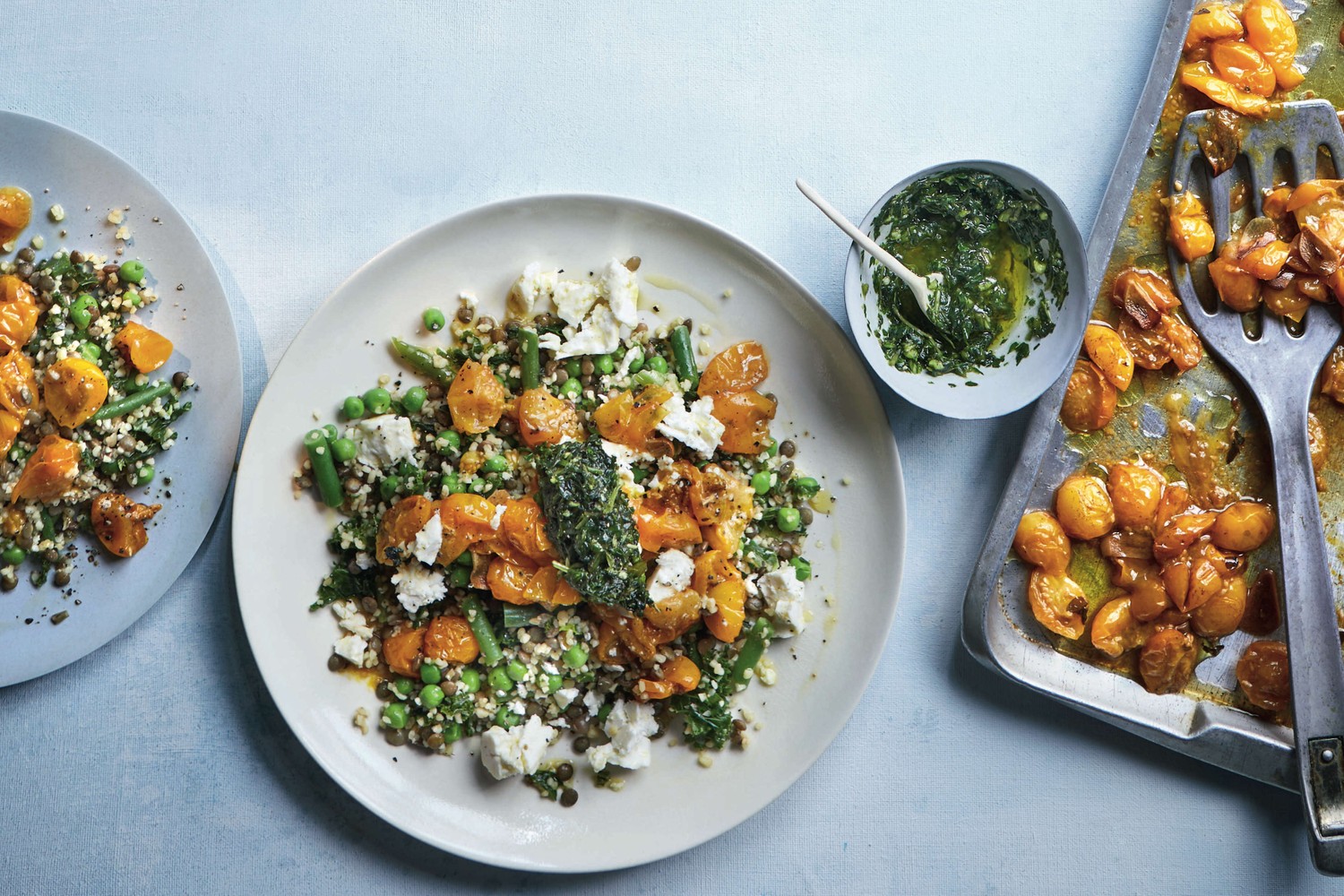 Slow-roasted capella tomatoes with grains and basil gremolata