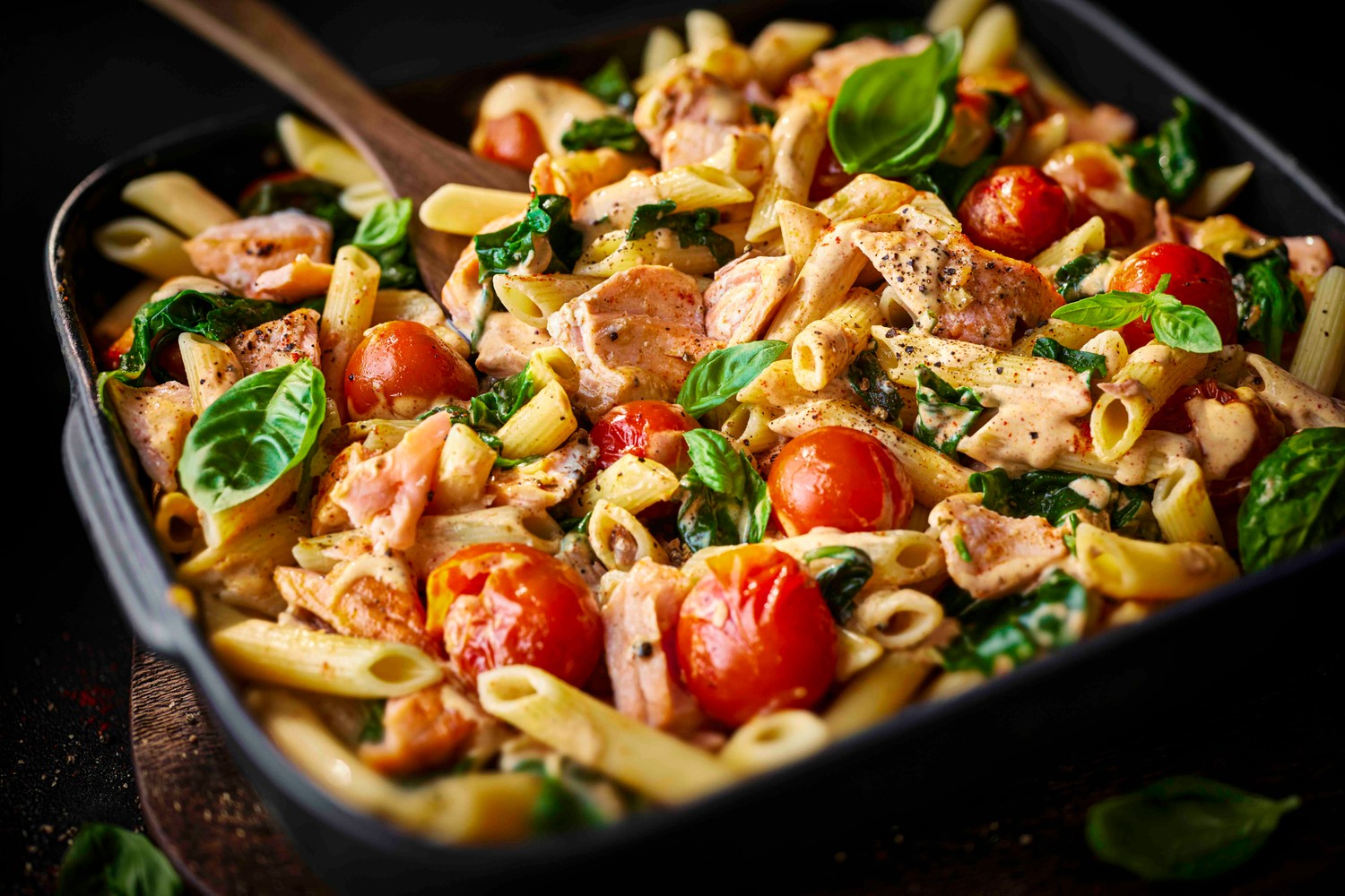 Creamy Tuscan salmon pasta traybake recipe