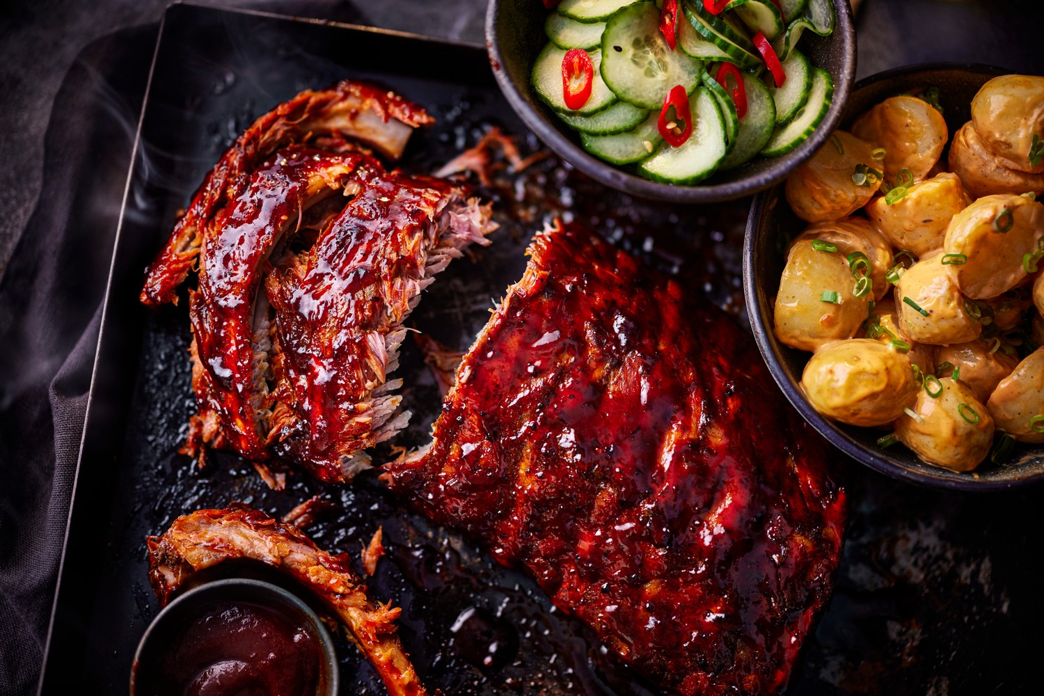 Korean baby back ribs, potato salad and pickled cucumbers