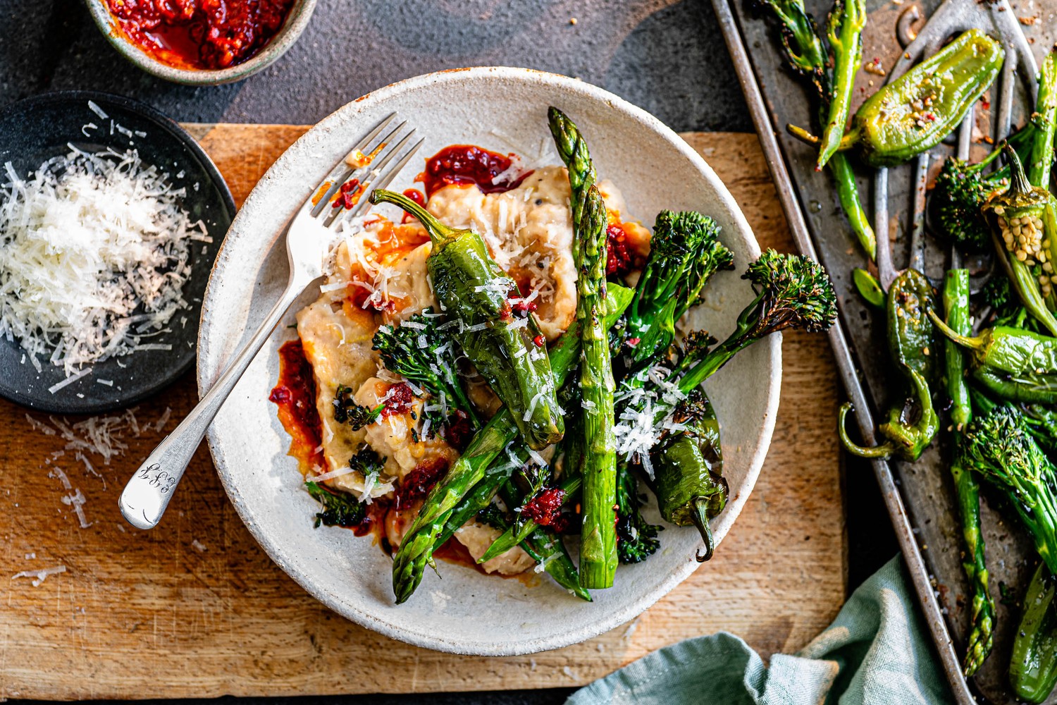 Creamy lemony butterbeans with roasted green veg and 'nduja