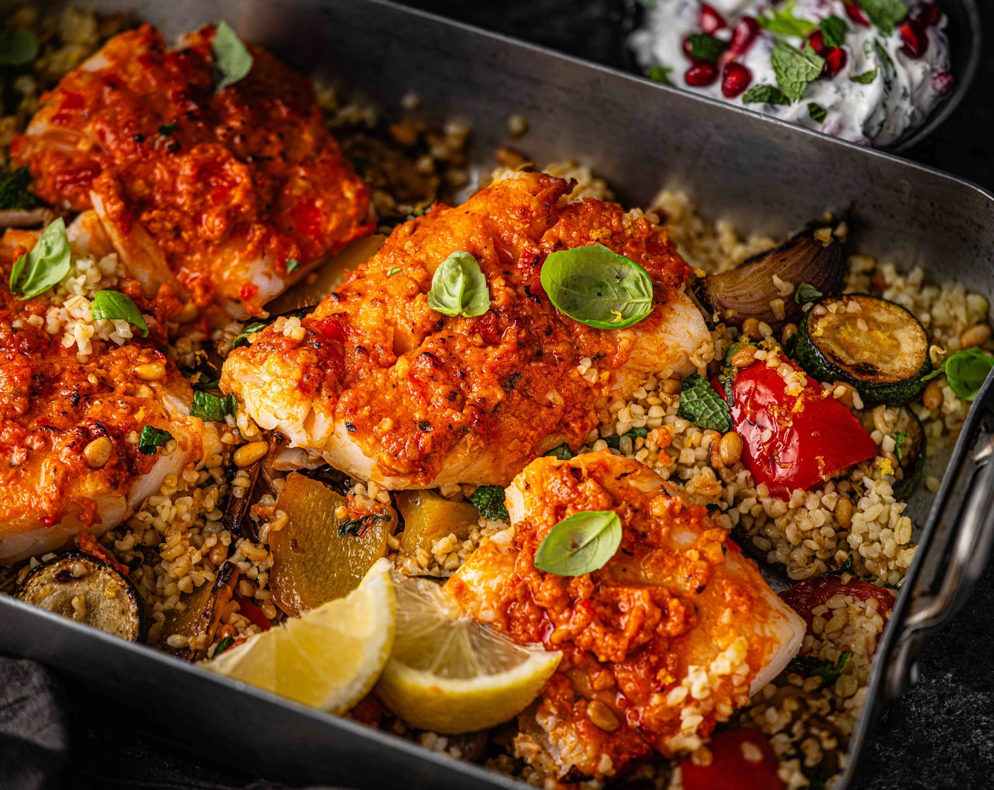 step 7 Serve the fish with the herby pomegranate yogurt and the remaining lemon (1), cut into wedges.